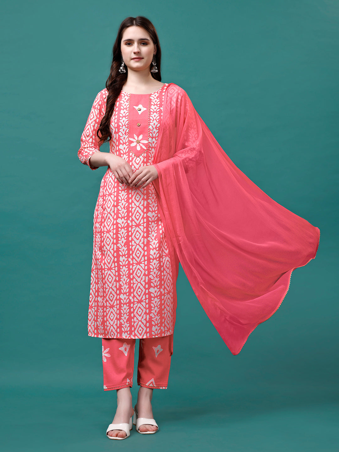 Bandhani Printed Cotton Kurta With Pant & Dupatta, Multicolor - Hiral Fashion