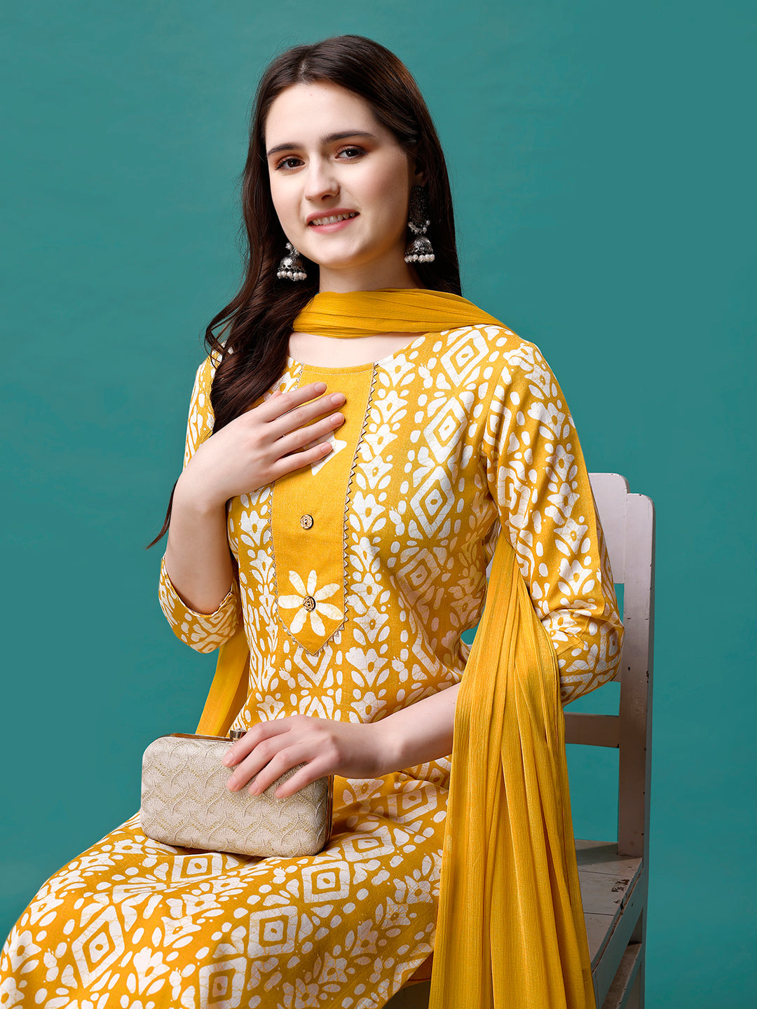 Bandhani Printed Cotton Kurta With Pant & Dupatta, Multicolor - Hiral Fashion