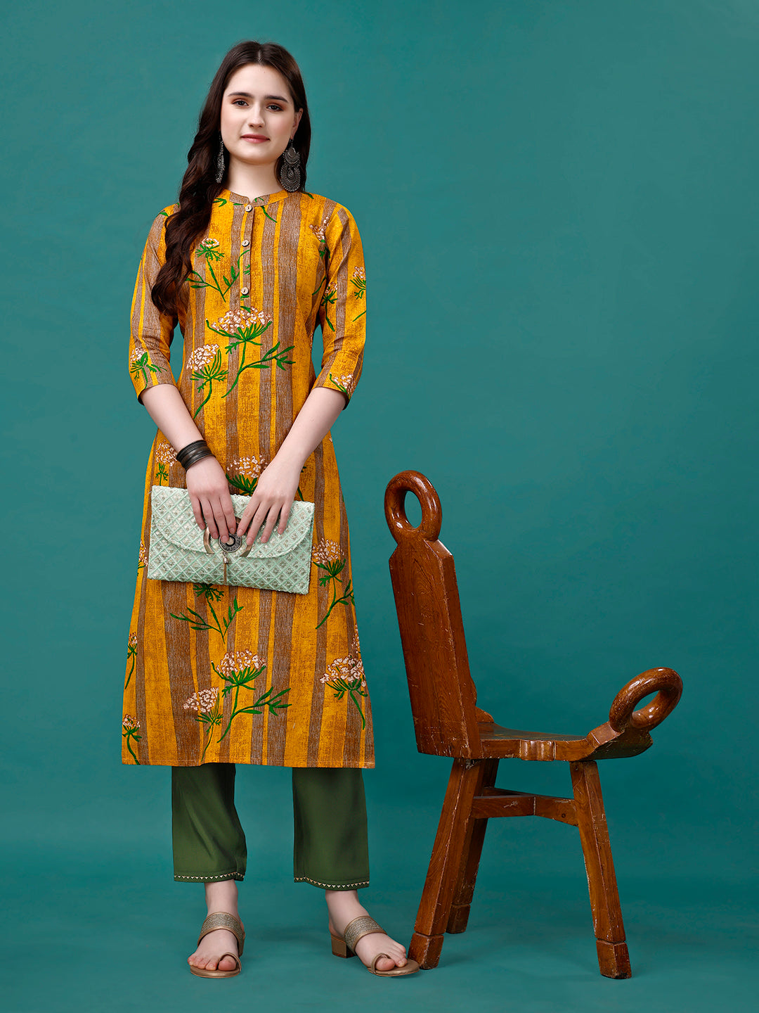 Botanical & Stripes Printed Front Buttoned Cotton Kurta, Multicolor - Hiral Fashion