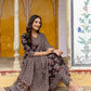 Ajrakh-Inspired Ethnic Handblock Printed Angarkha Style Kurta With Pant & Printed Dupatta, Black - Hiral Fashion