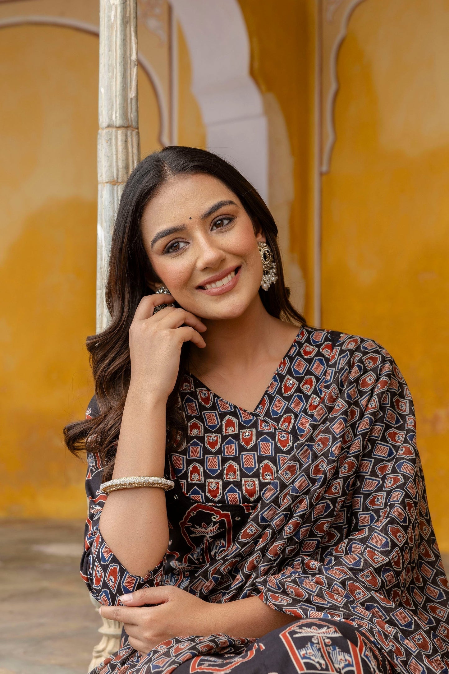 Ajrakh-Inspired Ethnic Handblock Printed Angarkha Style Kurta With Pant & Printed Dupatta, Black - Hiral Fashion