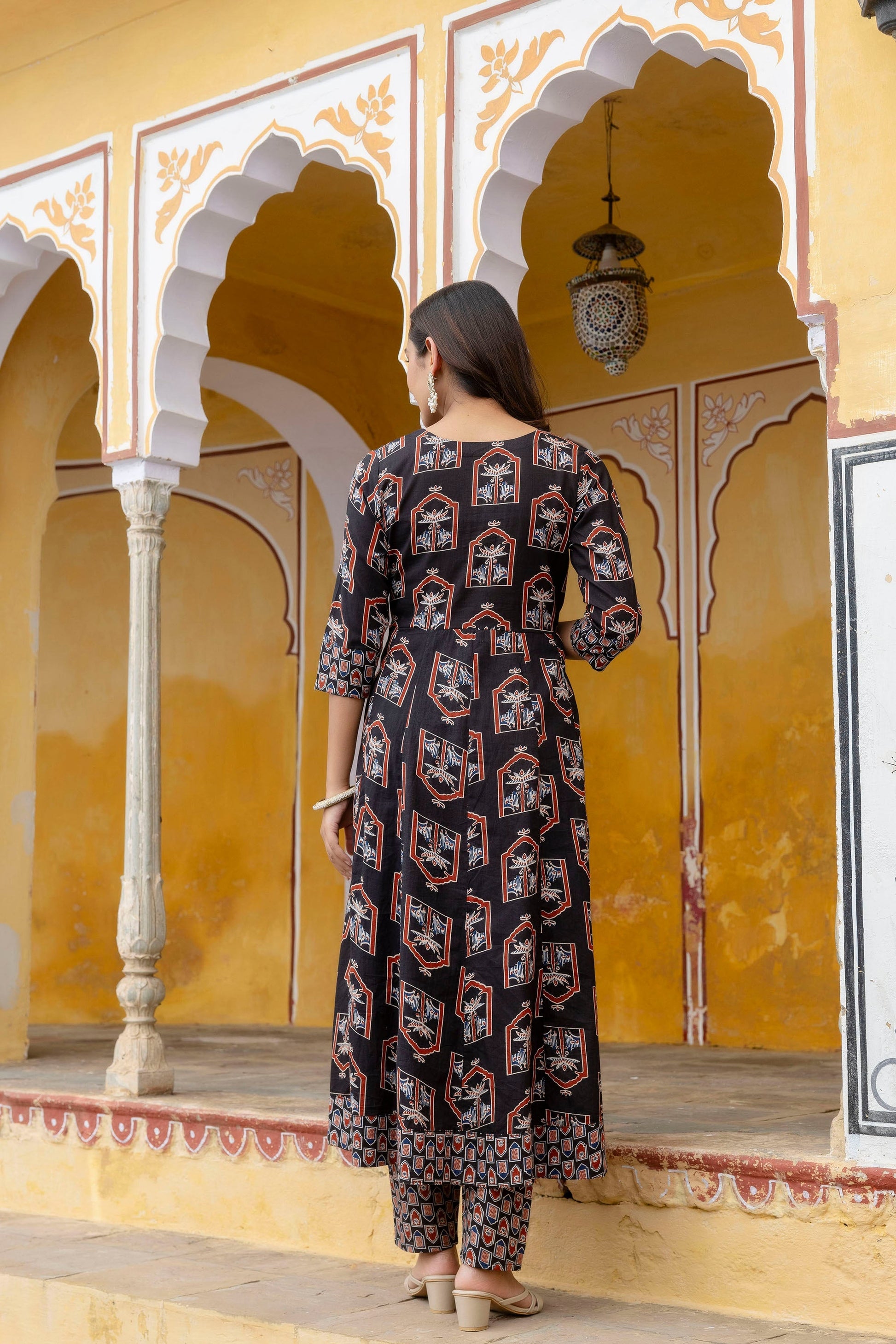 Ajrakh-Inspired Ethnic Handblock Printed Angarkha Style Kurta With Pant & Printed Dupatta, Black - Hiral Fashion