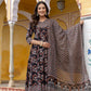 Ajrakh-Inspired Ethnic Handblock Printed Angarkha Style Kurta With Pant & Printed Dupatta, Black - Hiral Fashion
