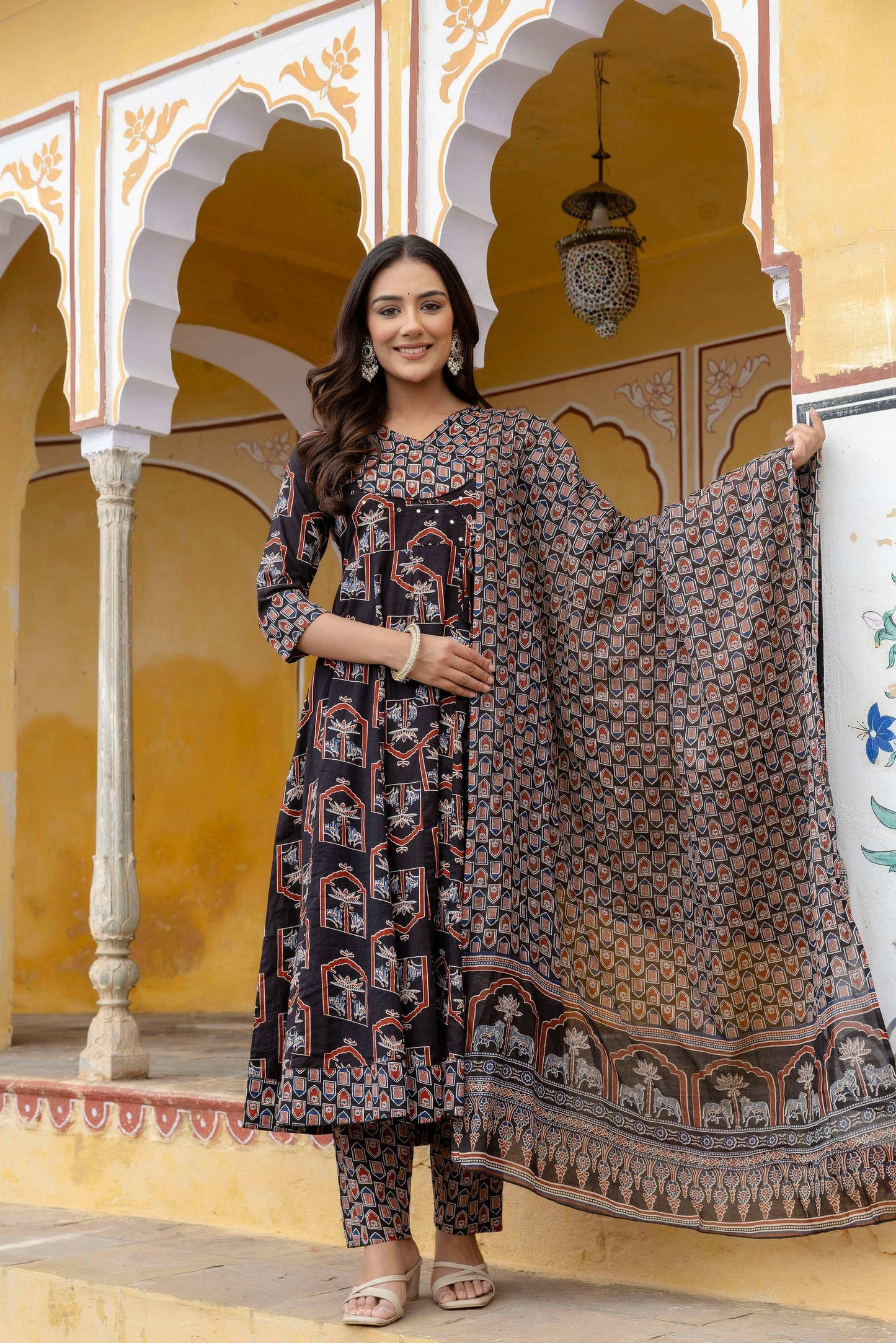 Ajrakh-Inspired Ethnic Handblock Printed Angarkha Style Kurta With Pant & Printed Dupatta, Black - Hiral Fashion