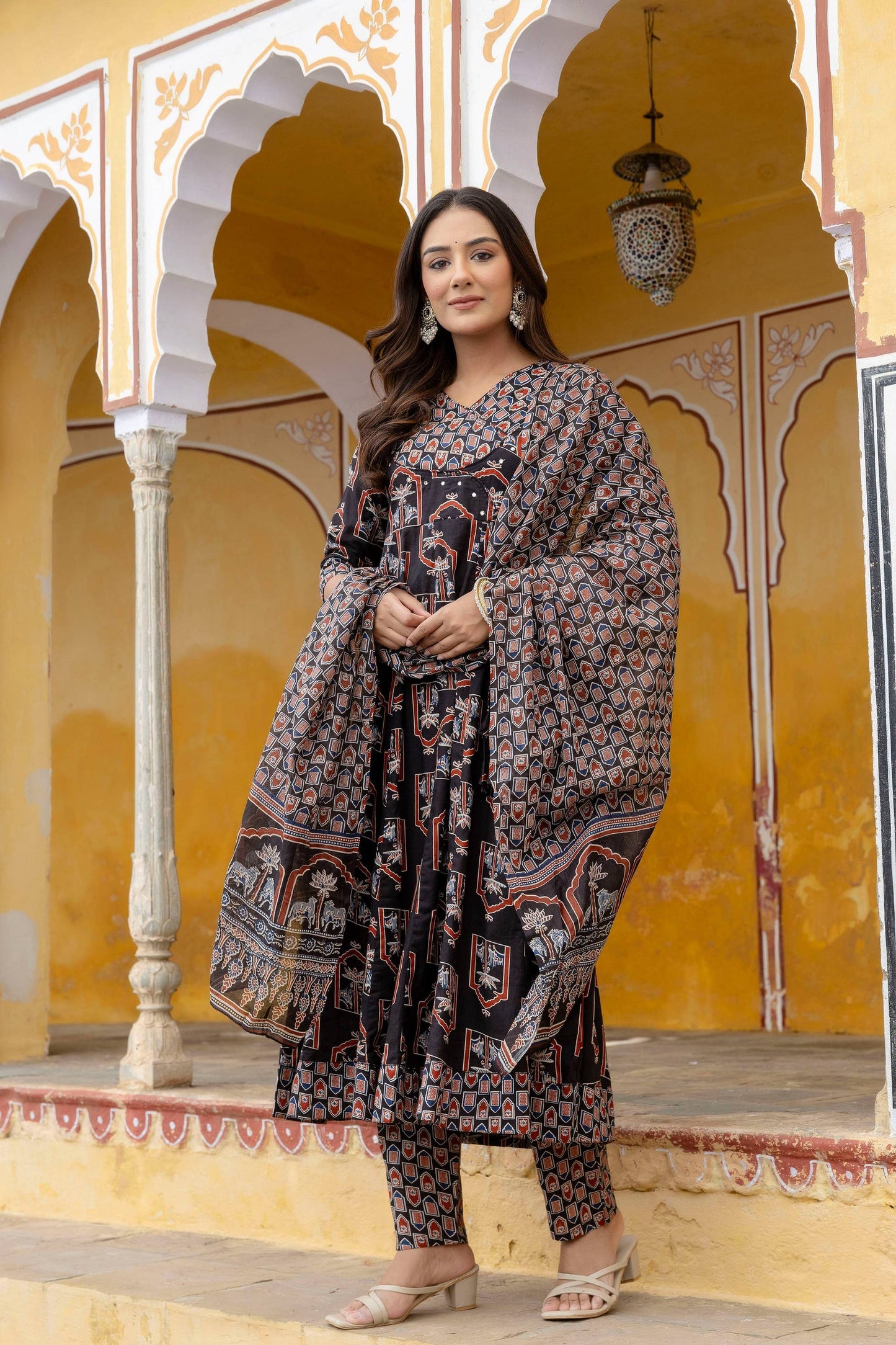 Ajrakh-Inspired Ethnic Handblock Printed Angarkha Style Kurta With Pant & Printed Dupatta, Black - Hiral Fashion