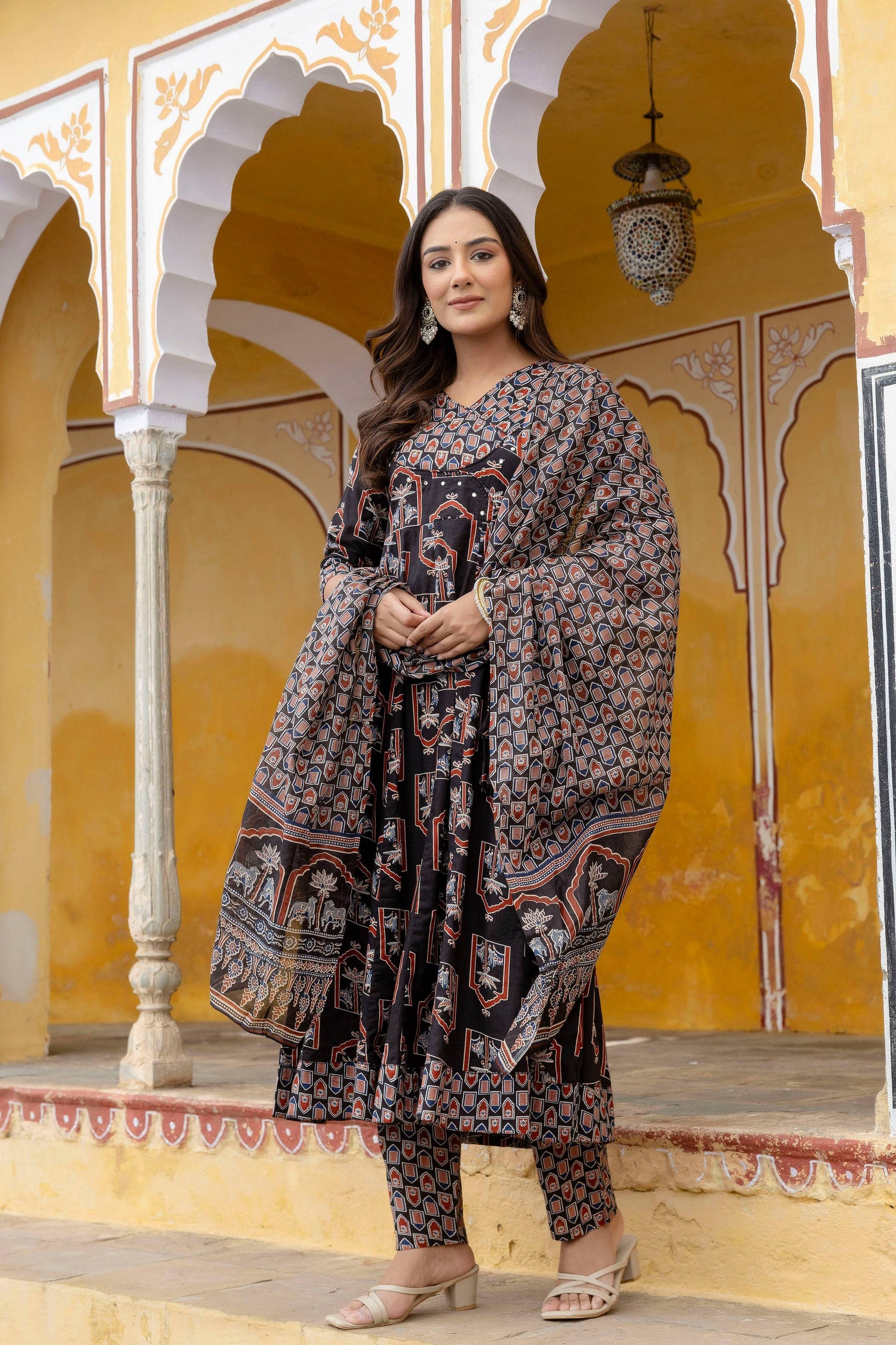 Ajrakh-Inspired Ethnic Handblock Printed Angarkha Style Kurta With Pant & Printed Dupatta, Black - Hiral Fashion