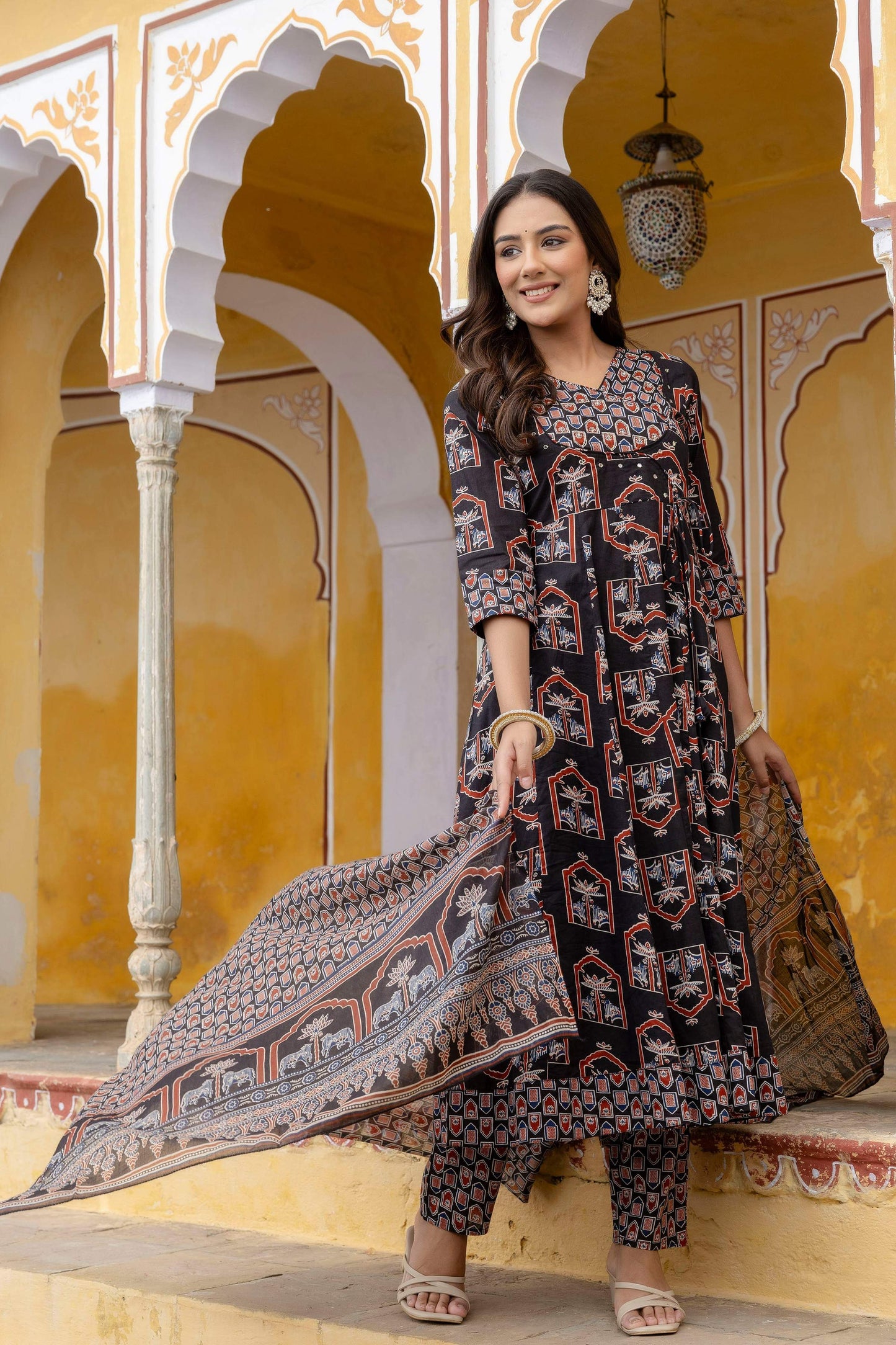 Ajrakh-Inspired Ethnic Handblock Printed Angarkha Style Kurta With Pant & Printed Dupatta, Black - Hiral Fashion