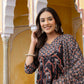 Ajrakh-Inspired Ethnic Handblock Printed Angarkha Style Kurta With Pant & Printed Dupatta, Black - Hiral Fashion