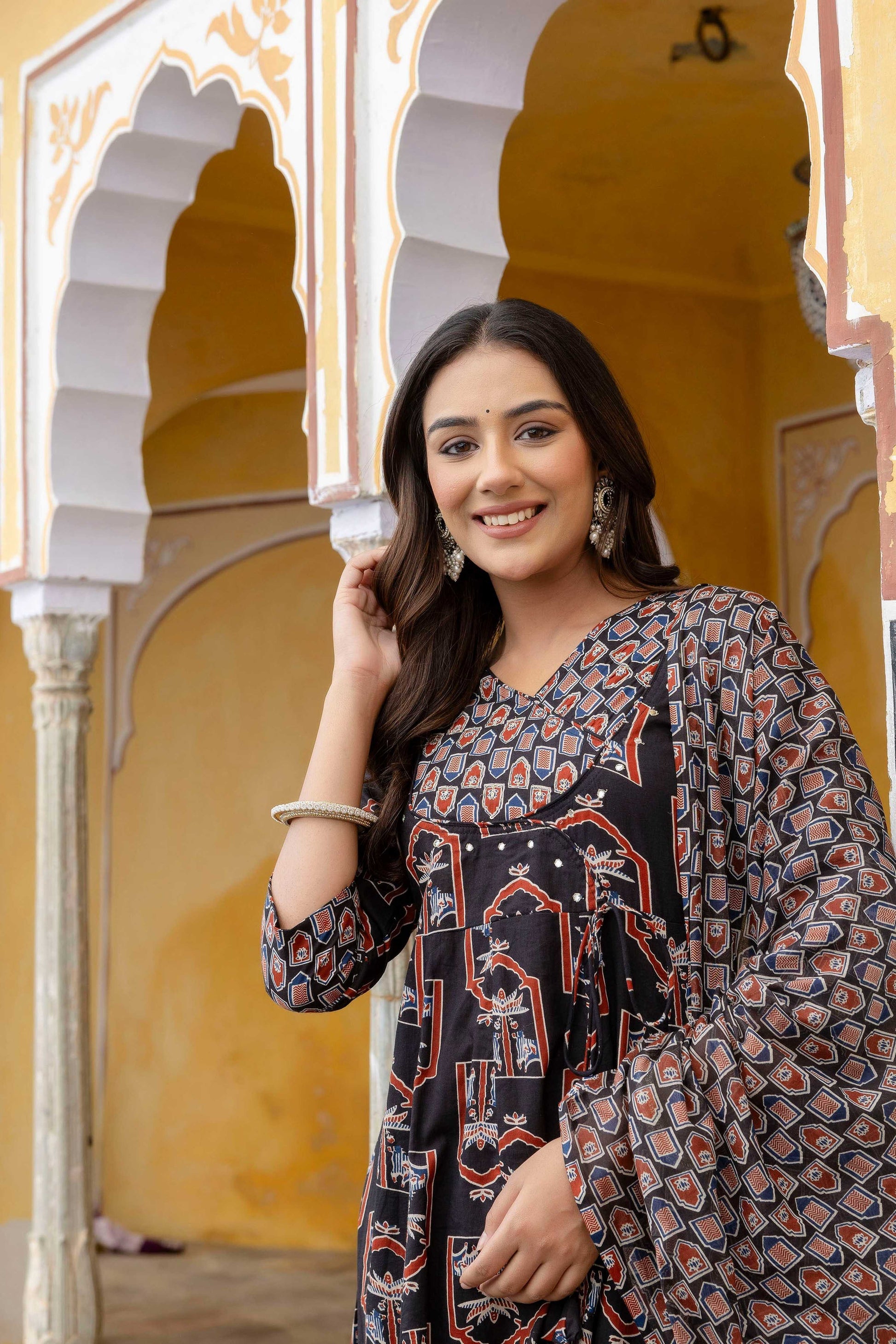 Ajrakh-Inspired Ethnic Handblock Printed Angarkha Style Kurta With Pant & Printed Dupatta, Black - Hiral Fashion