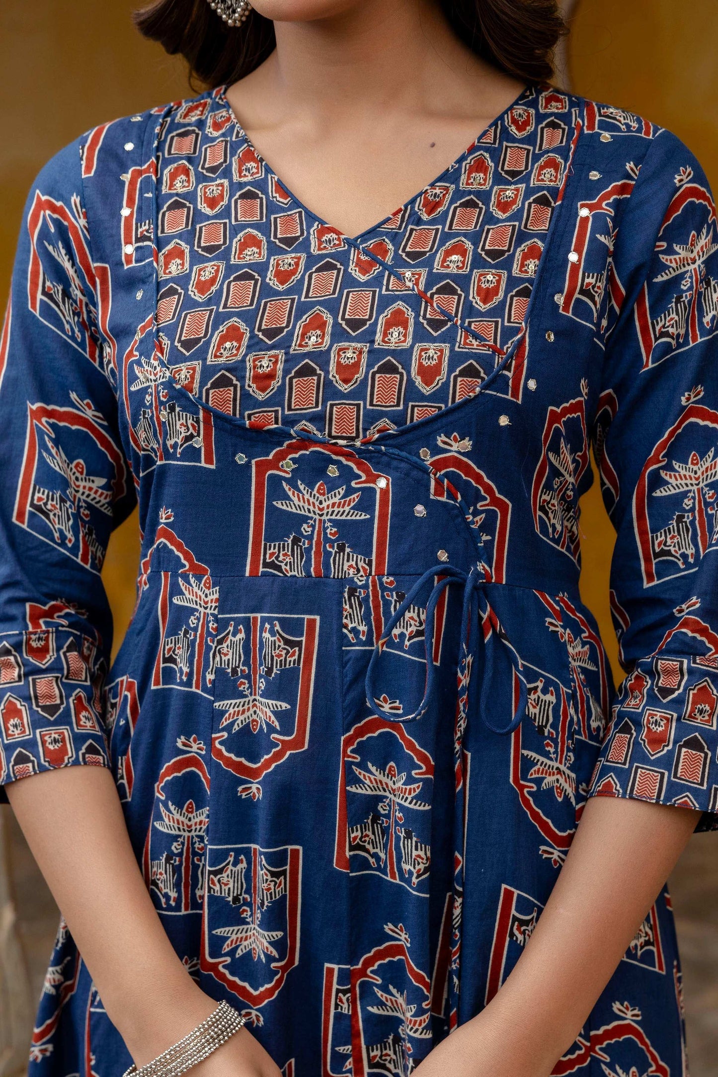 Ajrakh-Inspired Ethnic Handblock Printed Angarkha Style Kurta With Pant & Printed Dupatta, Blue - Hiral Fashion