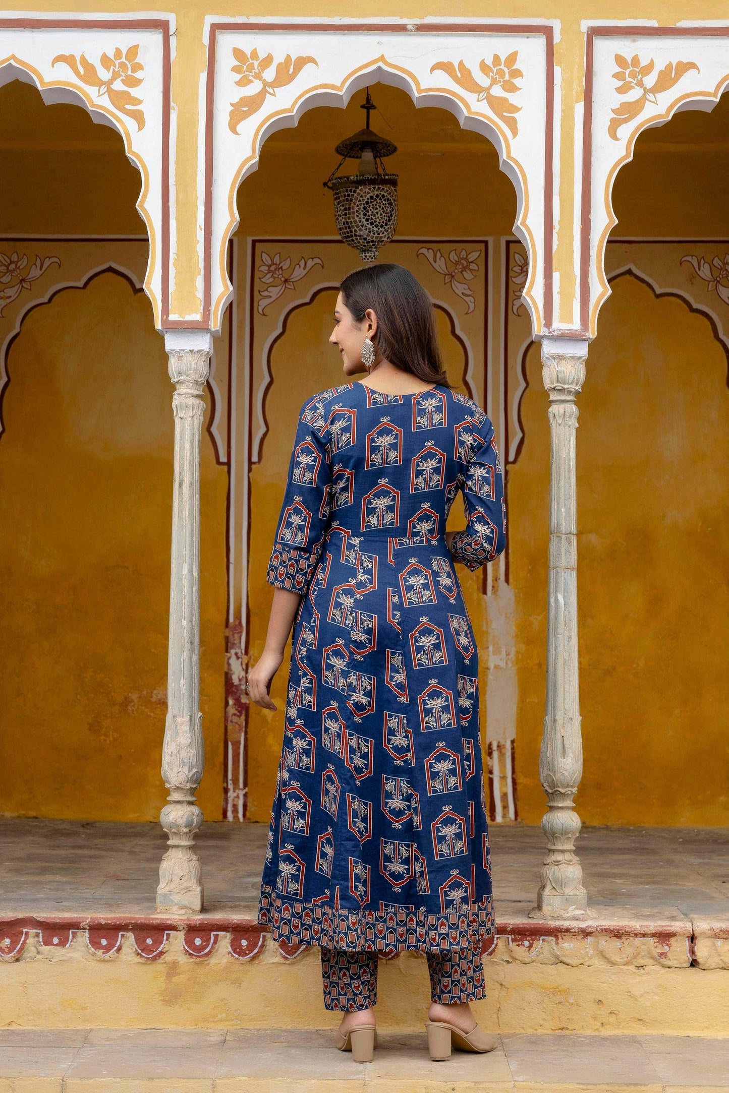 Ajrakh-Inspired Ethnic Handblock Printed Angarkha Style Kurta With Pant & Printed Dupatta, Blue - Hiral Fashion