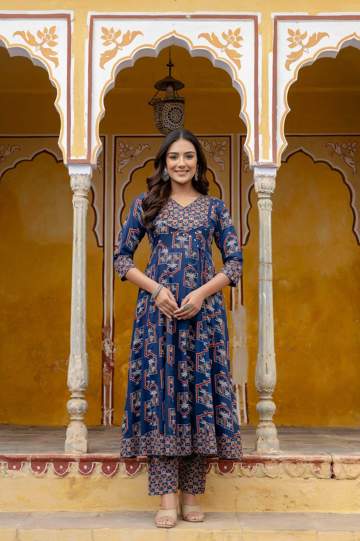 Ajrakh-Inspired Ethnic Handblock Printed Angarkha Style Kurta With Pant & Printed Dupatta, Blue - Hiral Fashion