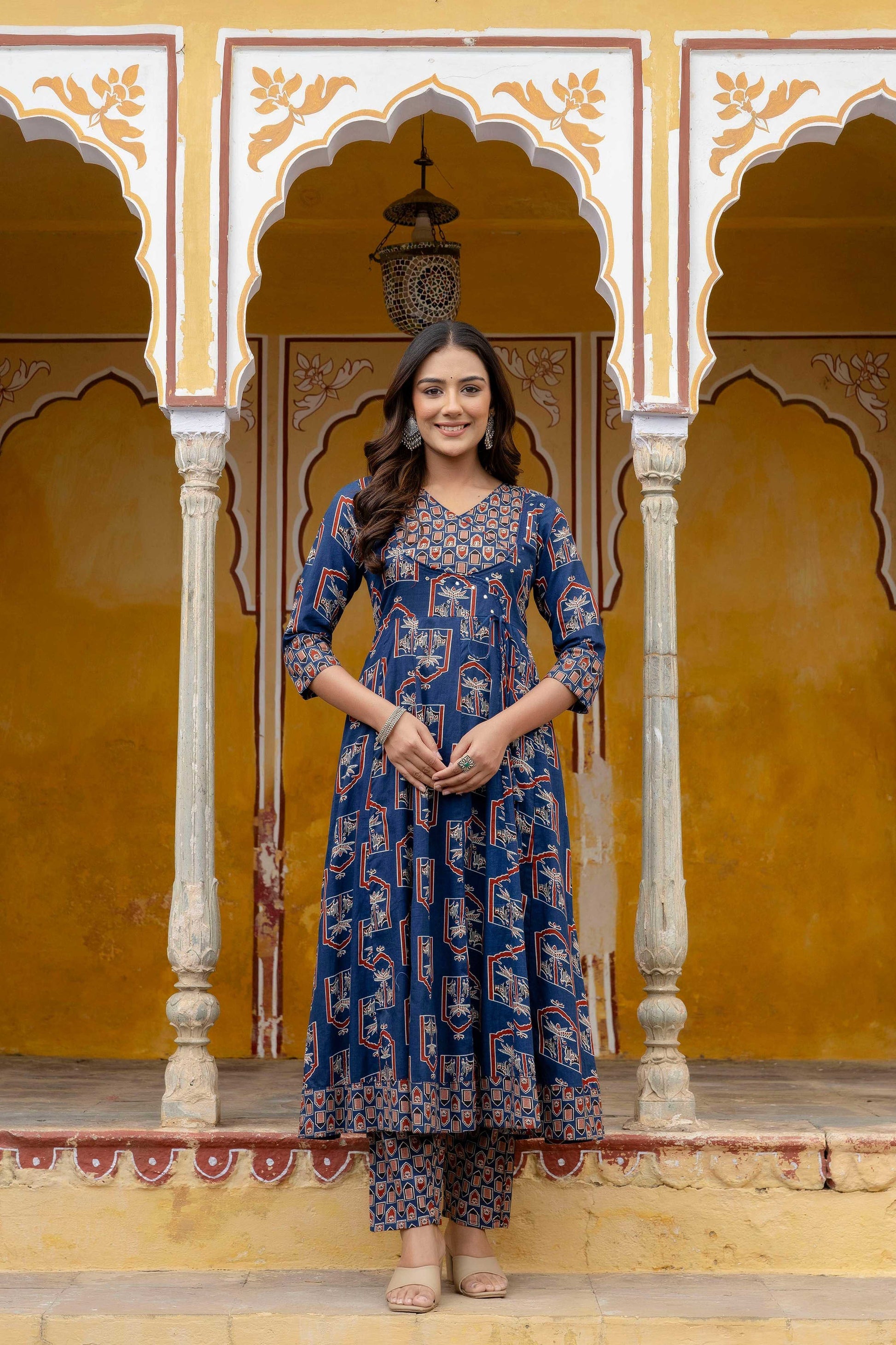 Ajrakh-Inspired Ethnic Handblock Printed Angarkha Style Kurta With Pant & Printed Dupatta, Blue - Hiral Fashion