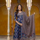 Ajrakh-Inspired Ethnic Handblock Printed Angarkha Style Kurta With Pant & Printed Dupatta, Blue - Hiral Fashion