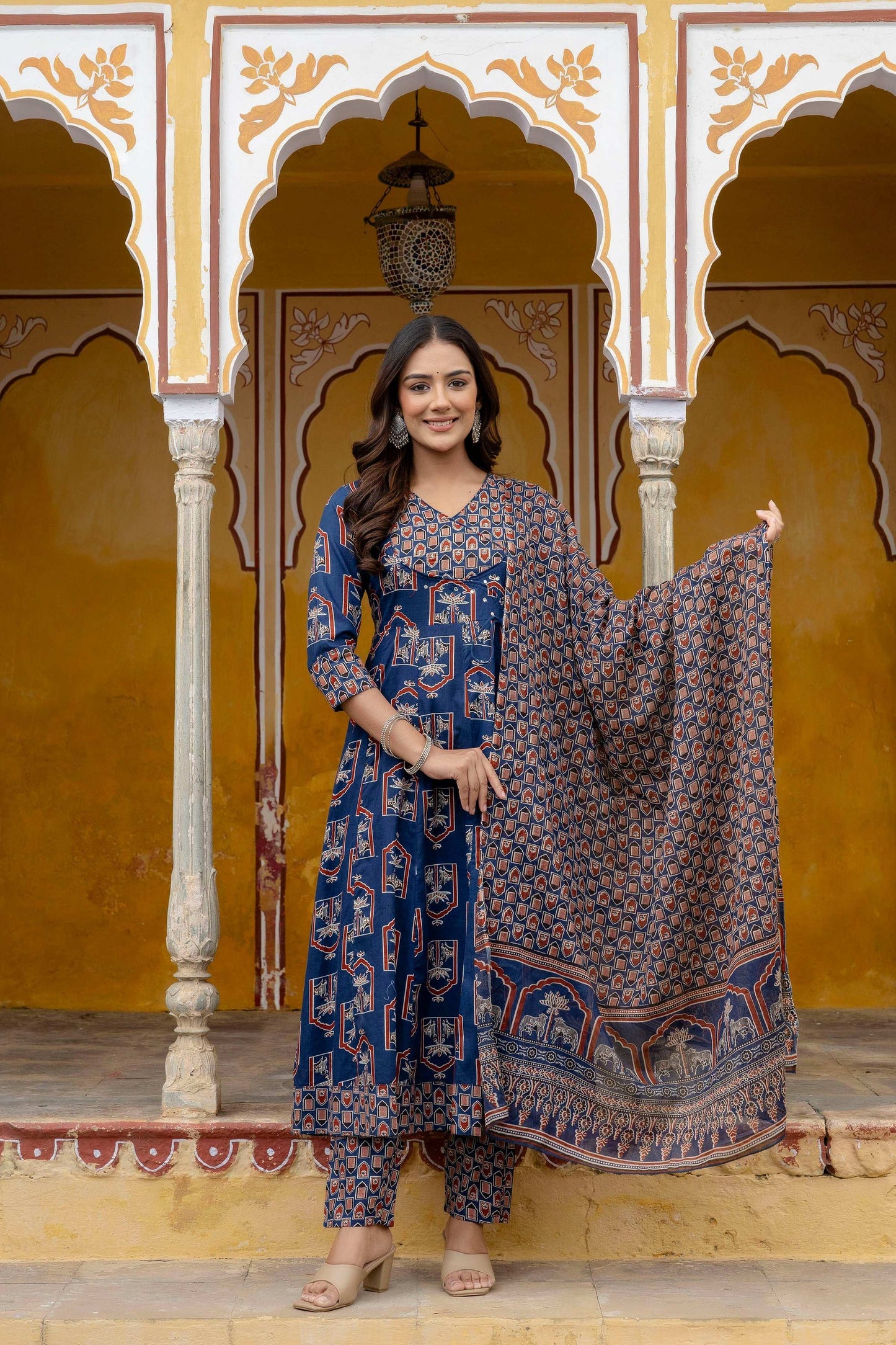 Ajrakh-Inspired Ethnic Handblock Printed Angarkha Style Kurta With Pant & Printed Dupatta, Blue - Hiral Fashion