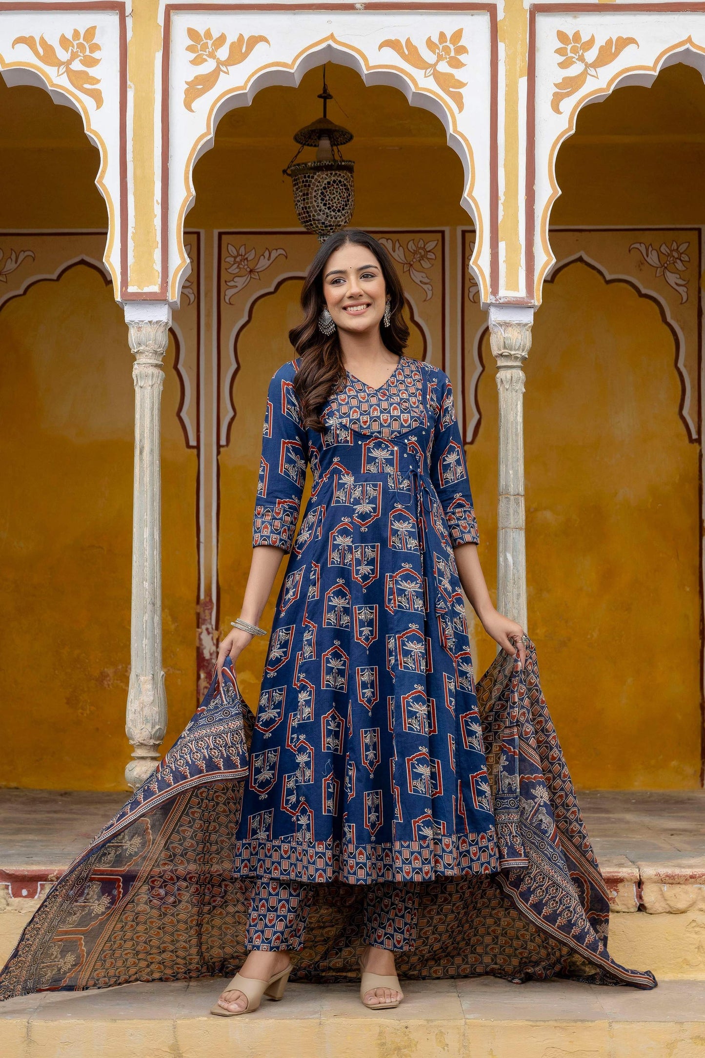 Ajrakh-Inspired Ethnic Handblock Printed Angarkha Style Kurta With Pant & Printed Dupatta, Blue - Hiral Fashion