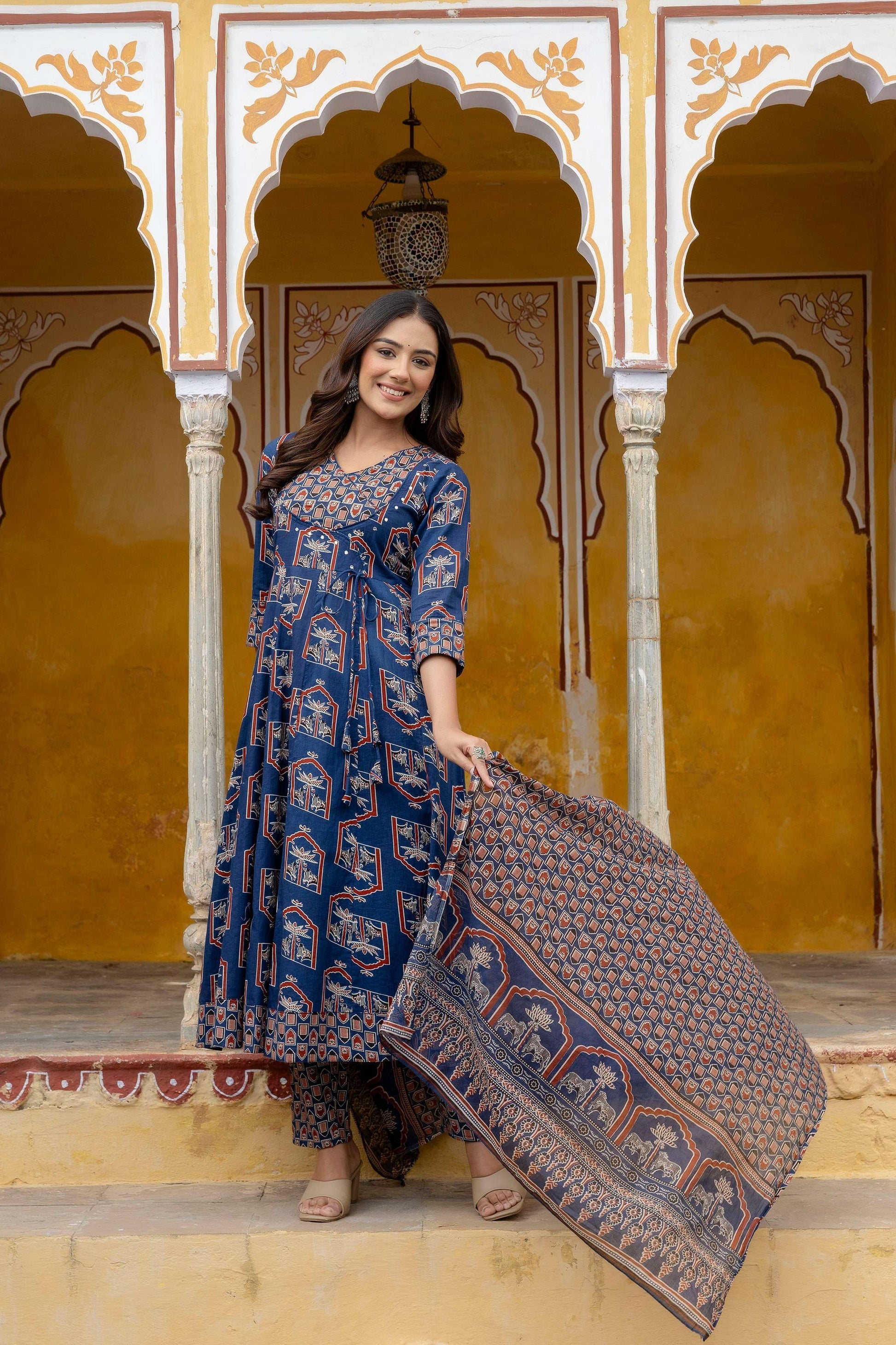 Ajrakh-Inspired Ethnic Handblock Printed Angarkha Style Kurta With Pant & Printed Dupatta, Blue - Hiral Fashion
