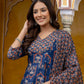 Ajrakh-Inspired Ethnic Handblock Printed Angarkha Style Kurta With Pant & Printed Dupatta, Blue - Hiral Fashion