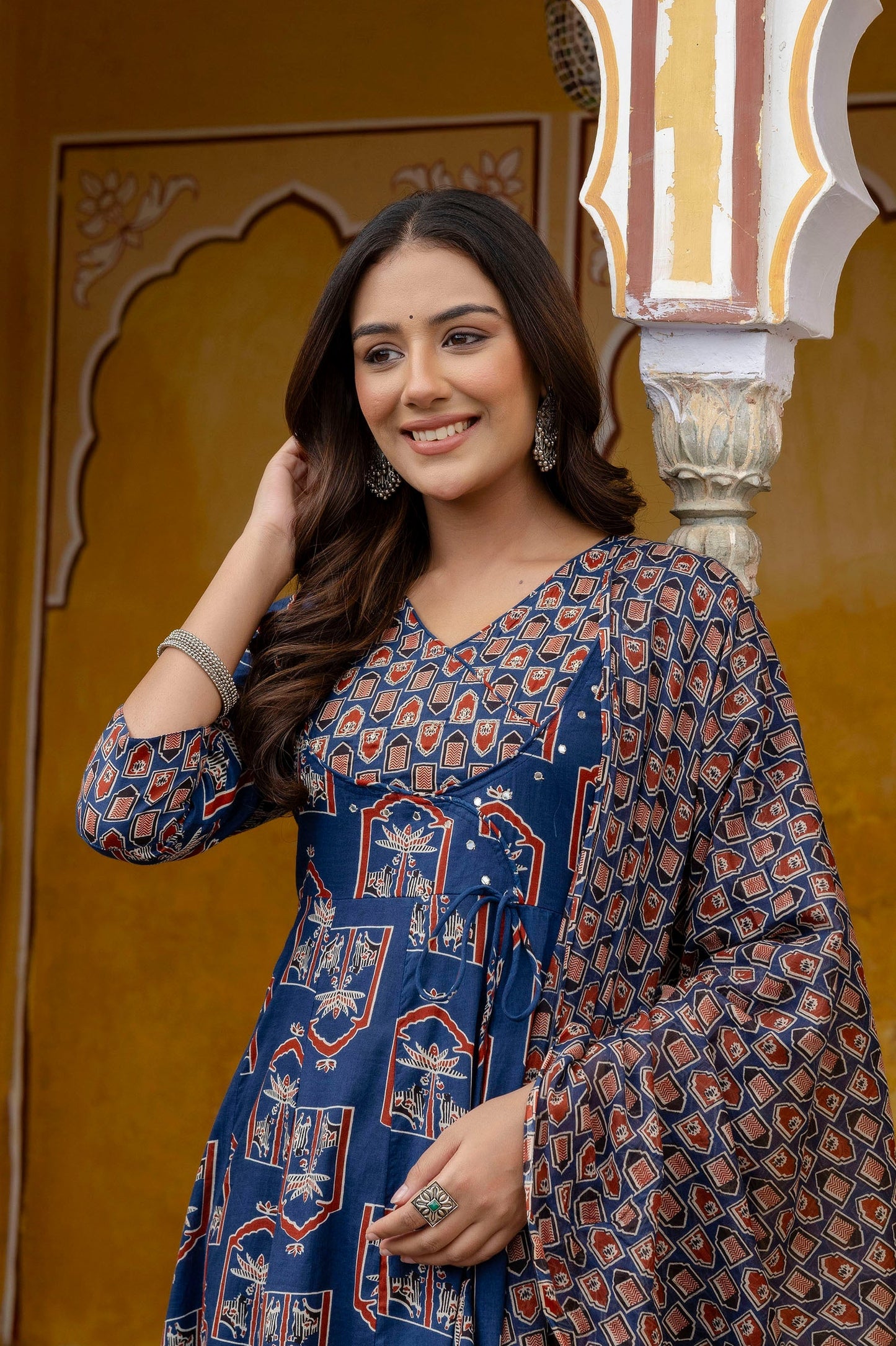 Ajrakh-Inspired Ethnic Handblock Printed Angarkha Style Kurta With Pant & Printed Dupatta, Blue - Hiral Fashion