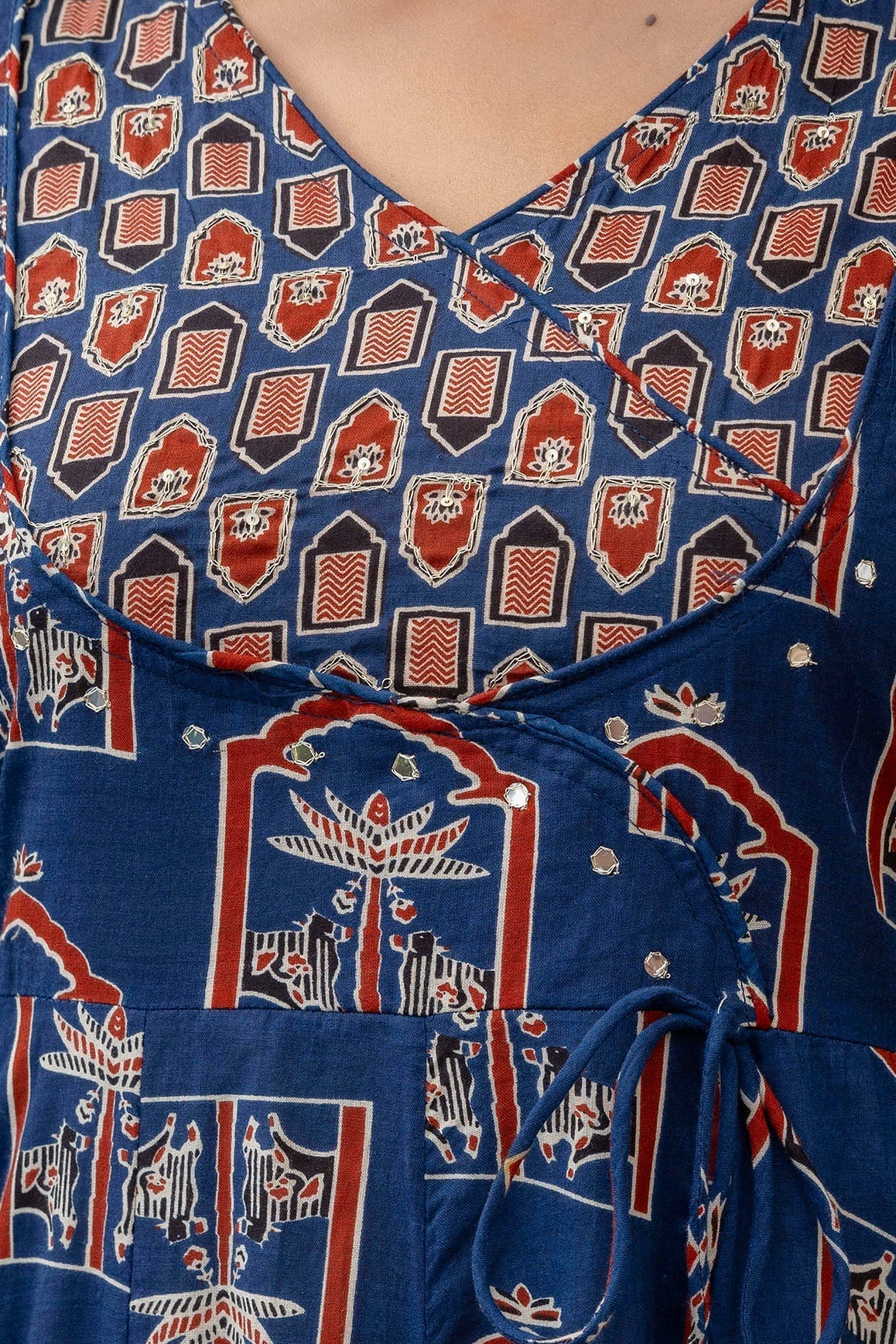 Ajrakh-Inspired Ethnic Handblock Printed Angarkha Style Kurta With Pant & Printed Dupatta, Blue - Hiral Fashion