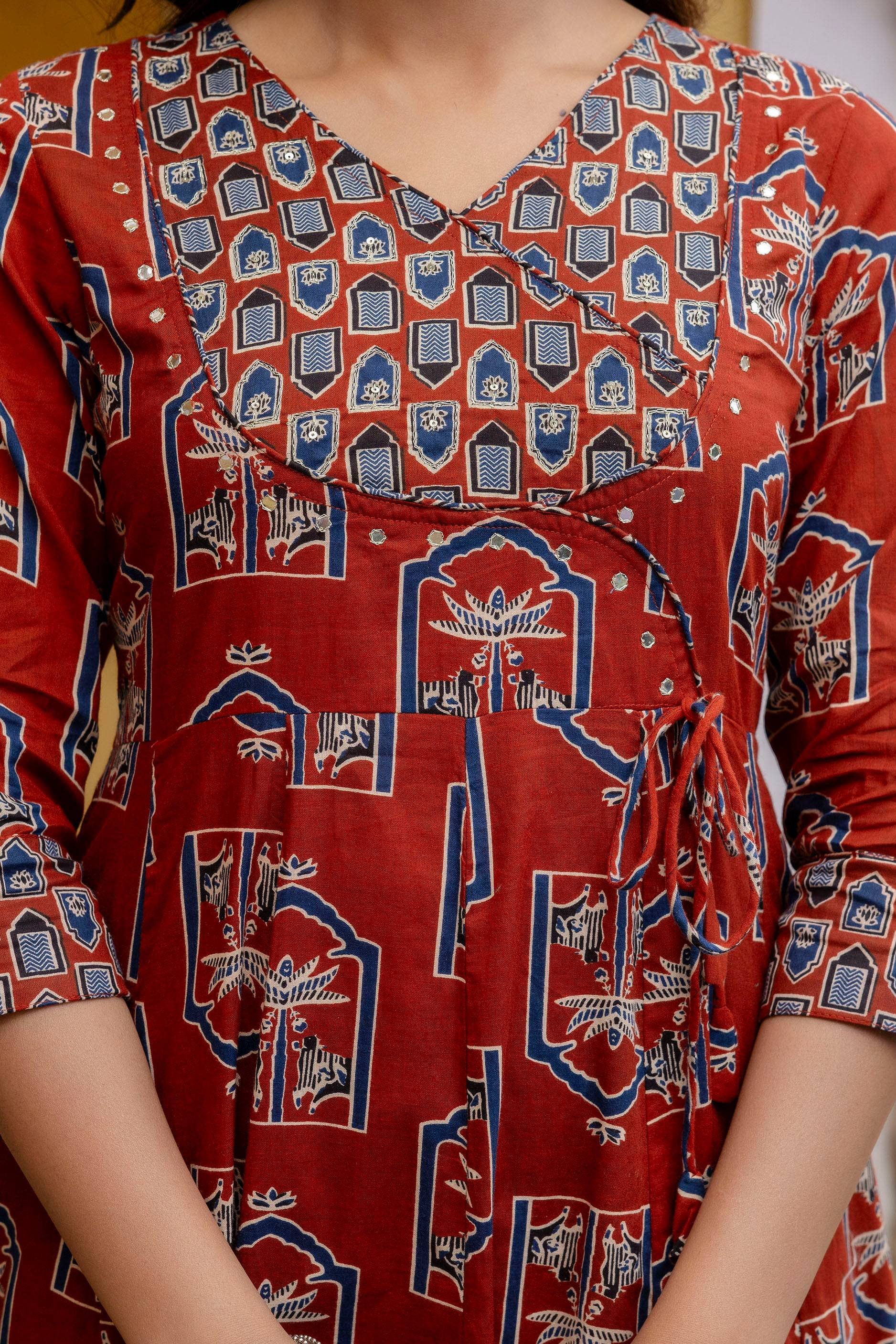 Ajrakh-Inspired Ethnic Handblock Printed Angarkha Style Kurta With Pant & Printed Dupatta, Rust - Hiral Fashion