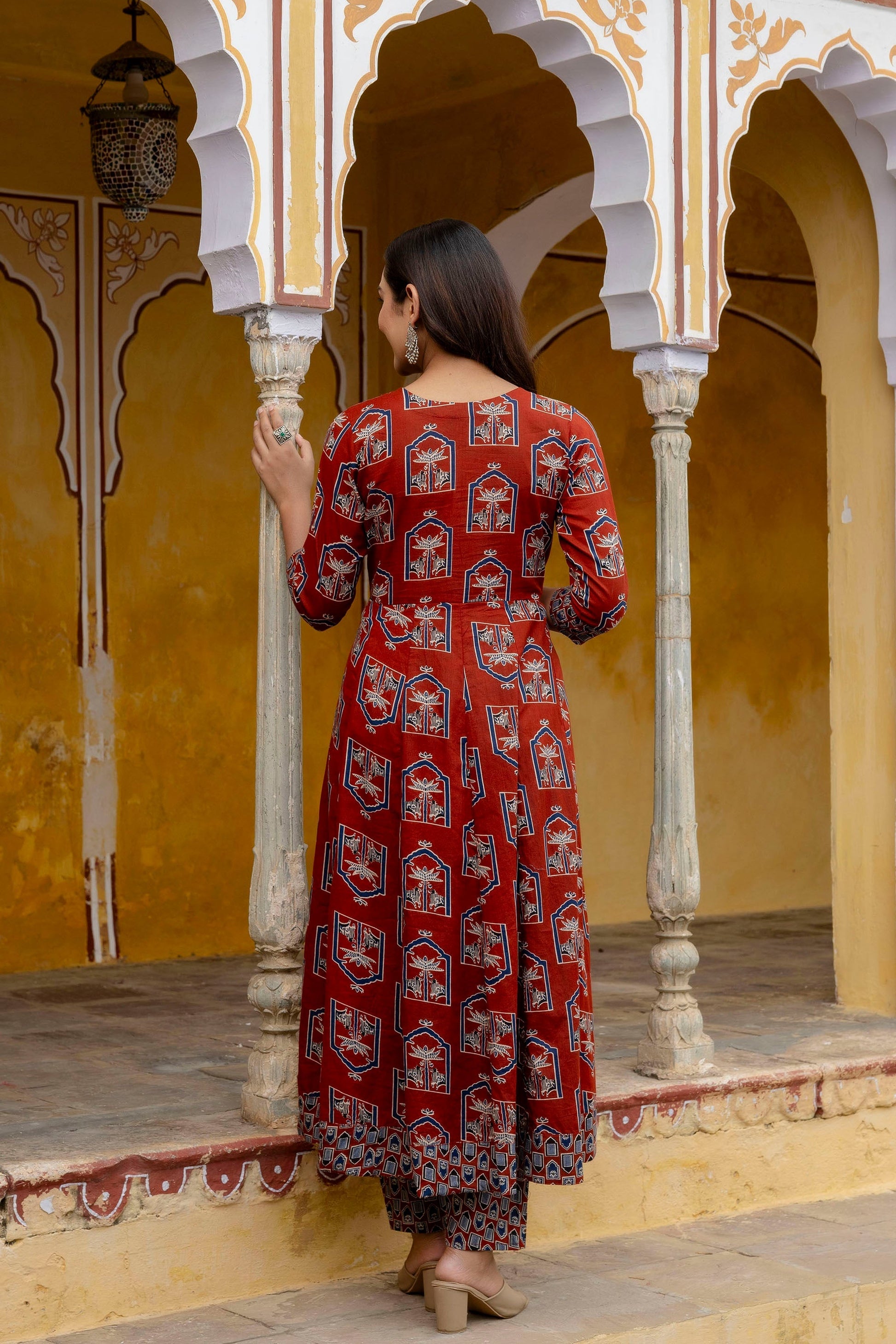 Ajrakh-Inspired Ethnic Handblock Printed Angarkha Style Kurta With Pant & Printed Dupatta, Rust - Hiral Fashion