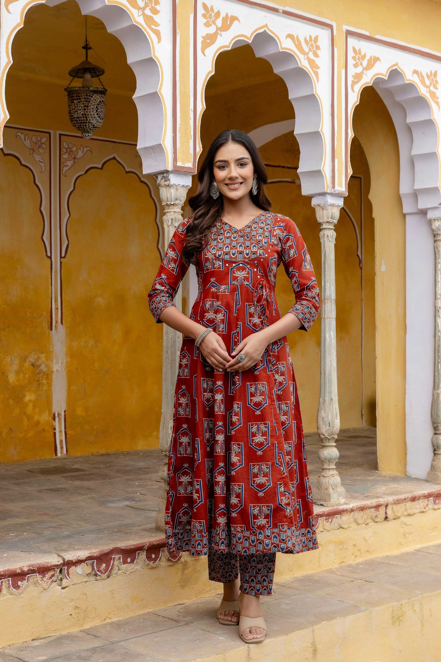 Ajrakh-Inspired Ethnic Handblock Printed Angarkha Style Kurta With Pant & Printed Dupatta, Rust - Hiral Fashion