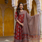 Ajrakh-Inspired Ethnic Handblock Printed Angarkha Style Kurta With Pant & Printed Dupatta, Rust - Hiral Fashion
