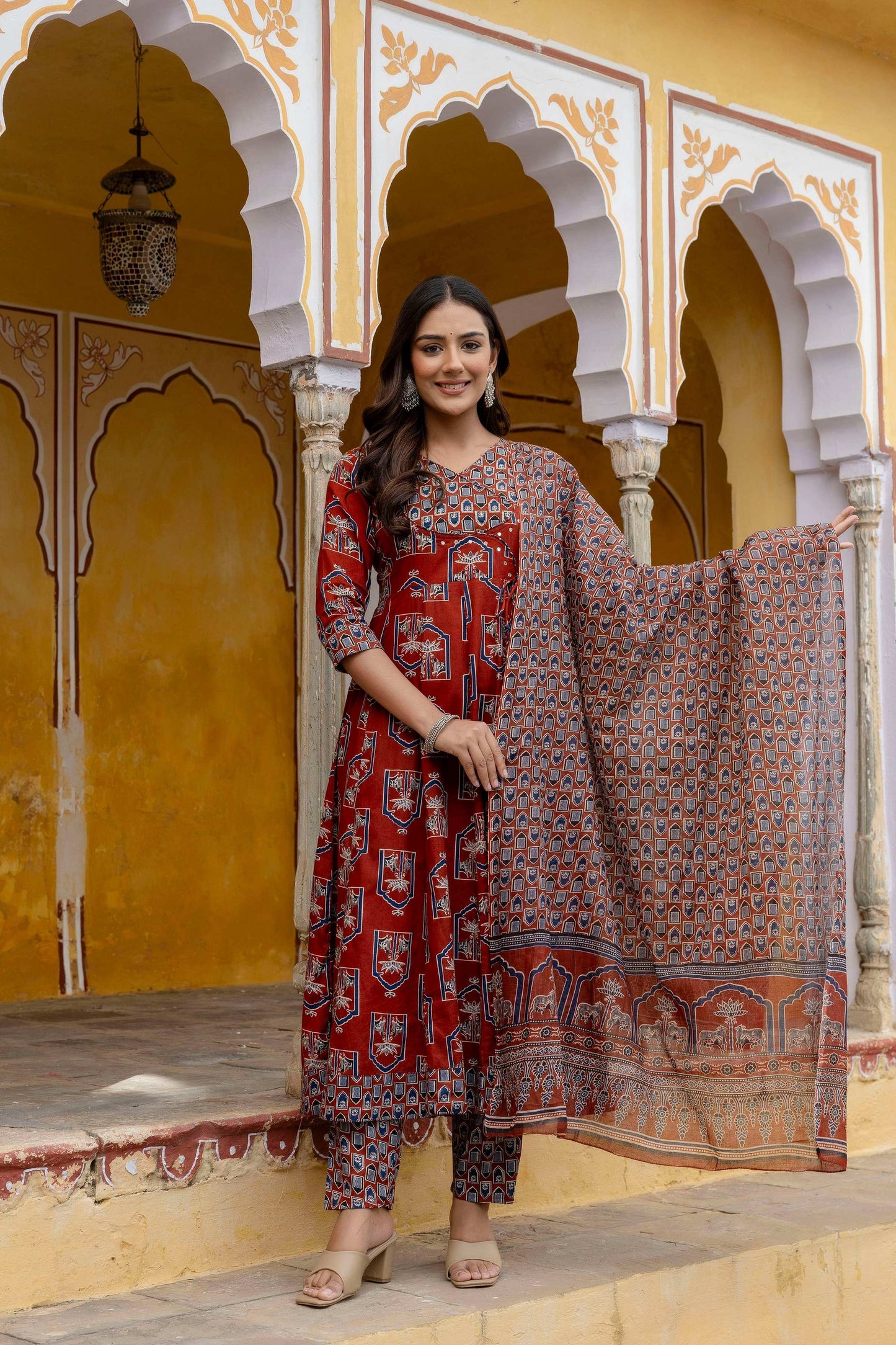 Ajrakh-Inspired Ethnic Handblock Printed Angarkha Style Kurta With Pant & Printed Dupatta, Rust - Hiral Fashion