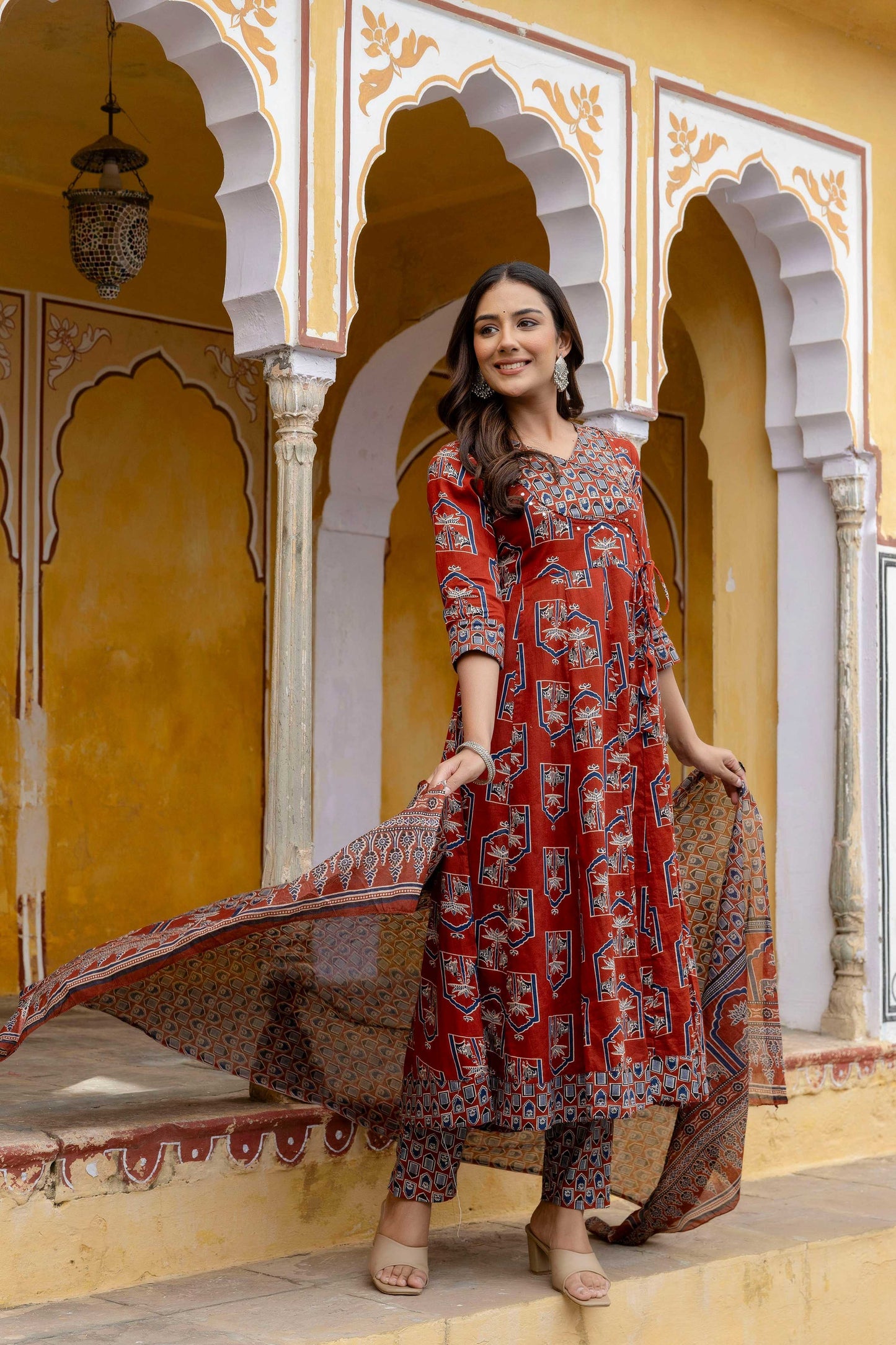 Ajrakh-Inspired Ethnic Handblock Printed Angarkha Style Kurta With Pant & Printed Dupatta, Rust - Hiral Fashion