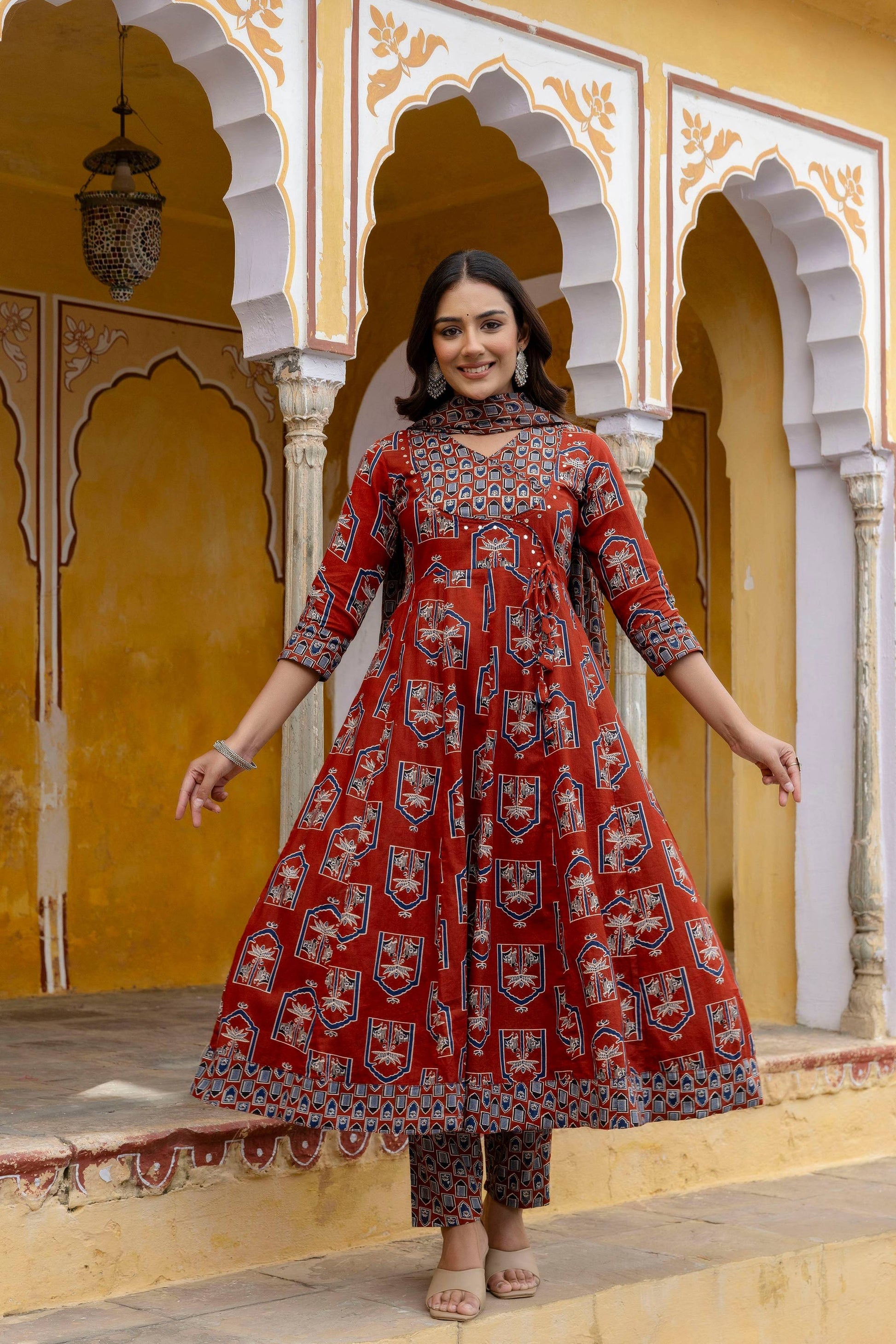 Ajrakh-Inspired Ethnic Handblock Printed Angarkha Style Kurta With Pant & Printed Dupatta, Rust - Hiral Fashion