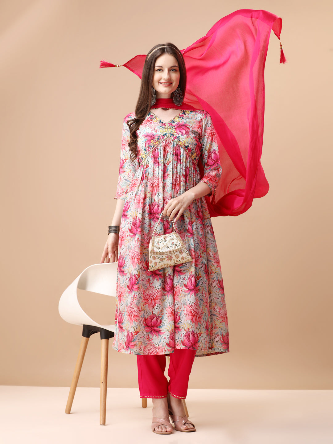 Alia Cut Hand Embroidered Floral Printed Pure Chinon Kurta With Pant & Dupatta, Multicolor - Hiral Fashion