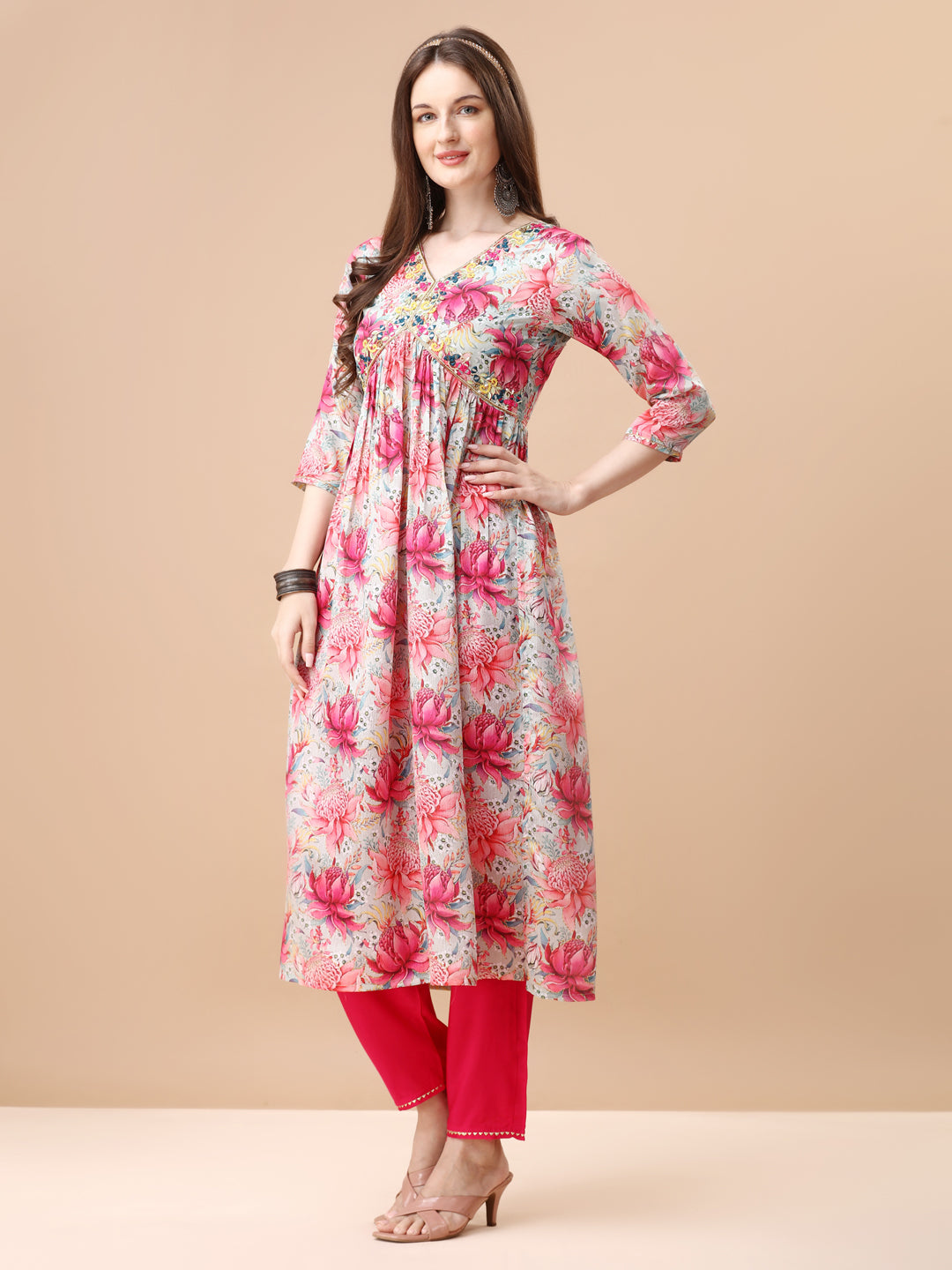 Alia Cut Hand Embroidered Floral Printed Pure Chinon Kurta With Pant & Dupatta, Multicolor - Hiral Fashion