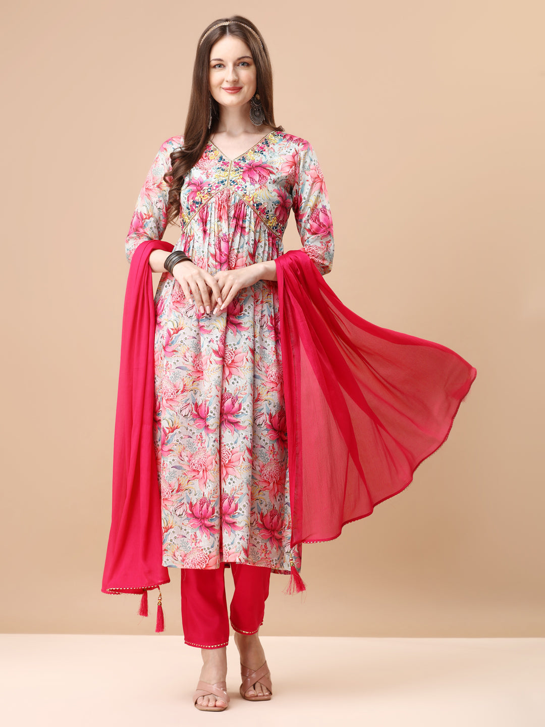 Alia Cut Hand Embroidered Floral Printed Pure Chinon Kurta With Pant & Dupatta, Multicolor - Hiral Fashion