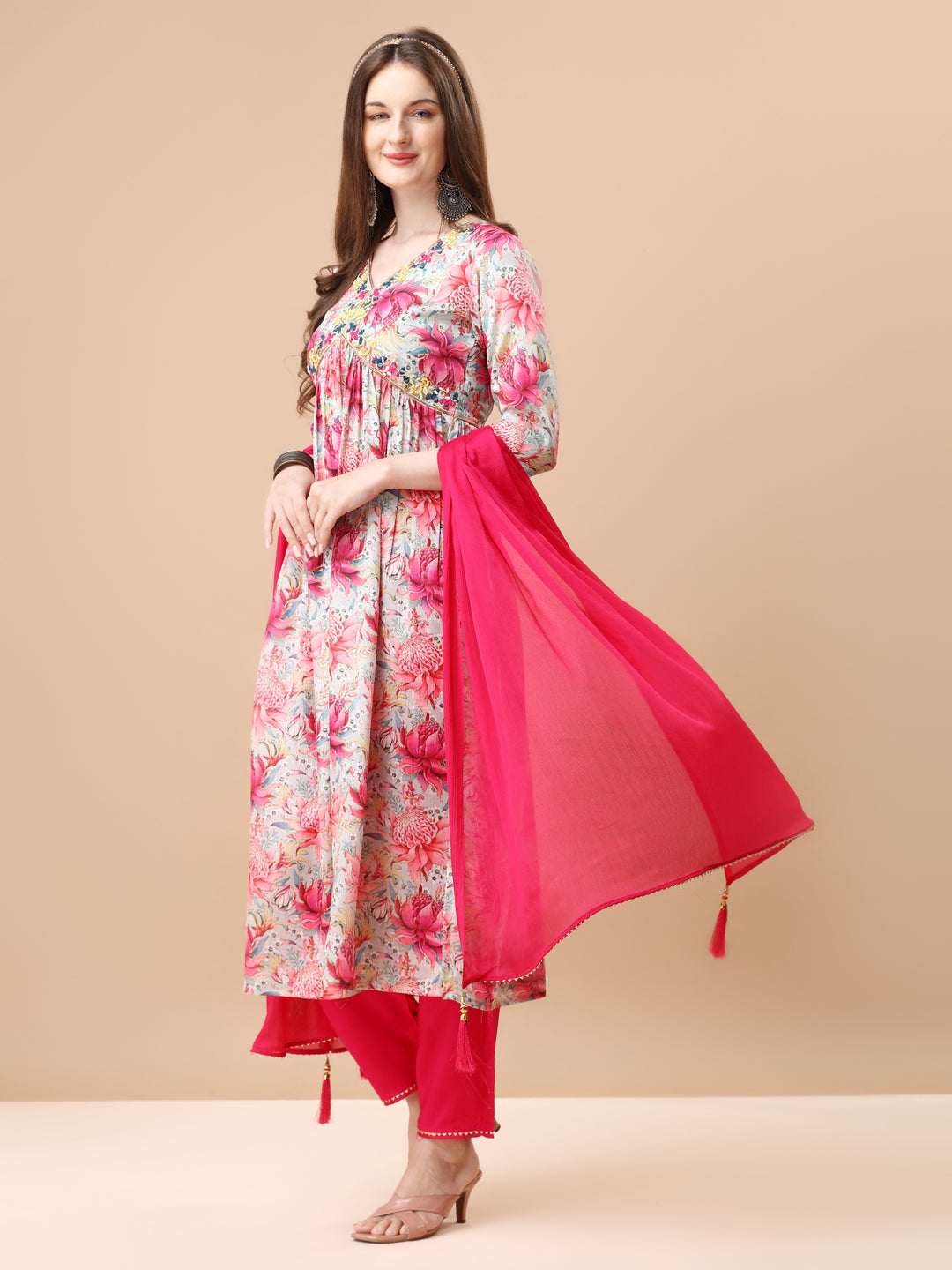 Alia Cut Hand Embroidered Floral Printed Pure Chinon Kurta With Pant & Dupatta, Multicolor - Hiral Fashion