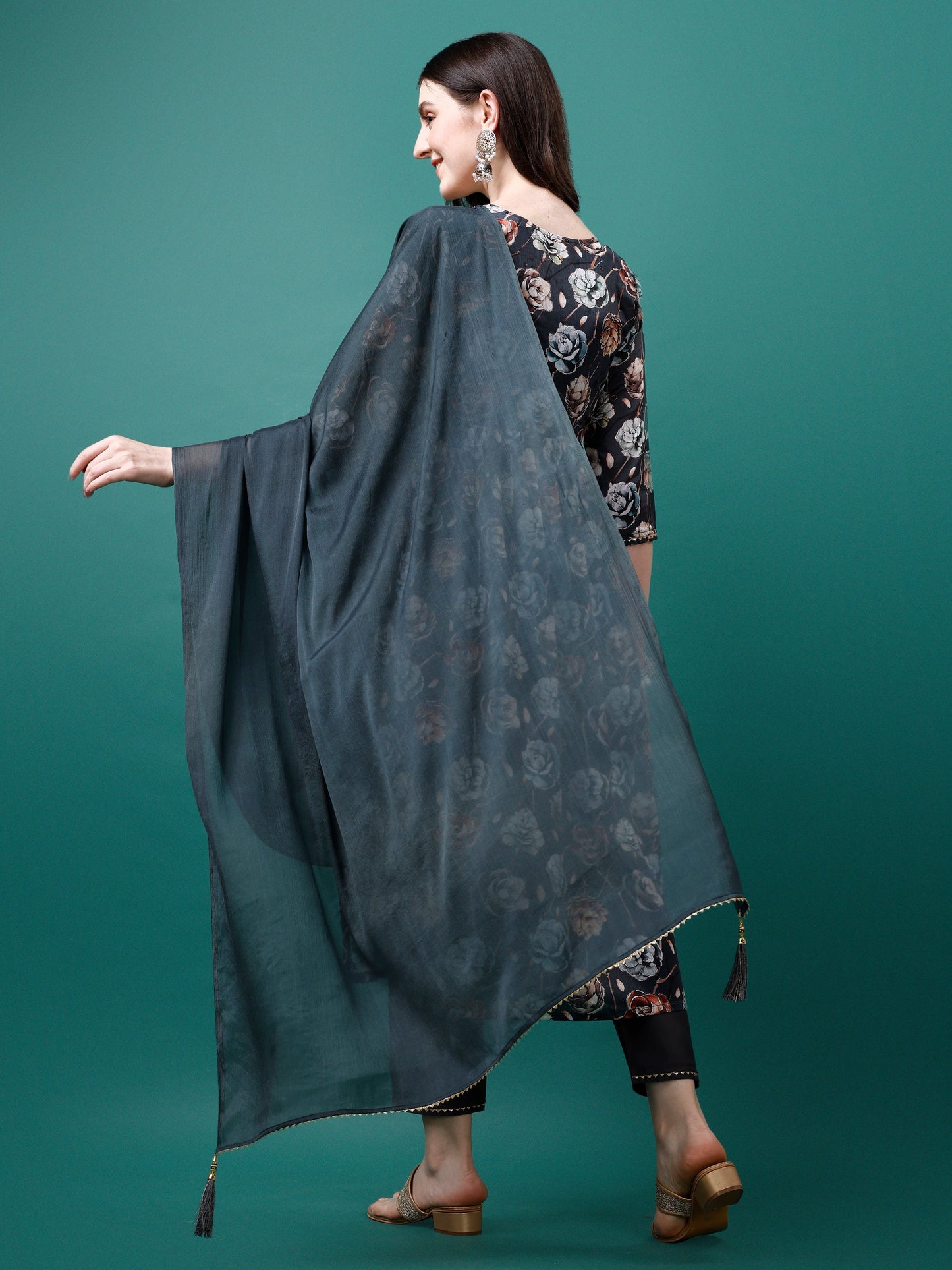 Alia Cut Hand Embroidered Floral Printed Pure Chinon Kurta With Pant & Dupatta, Multicolor - Hiral Fashion