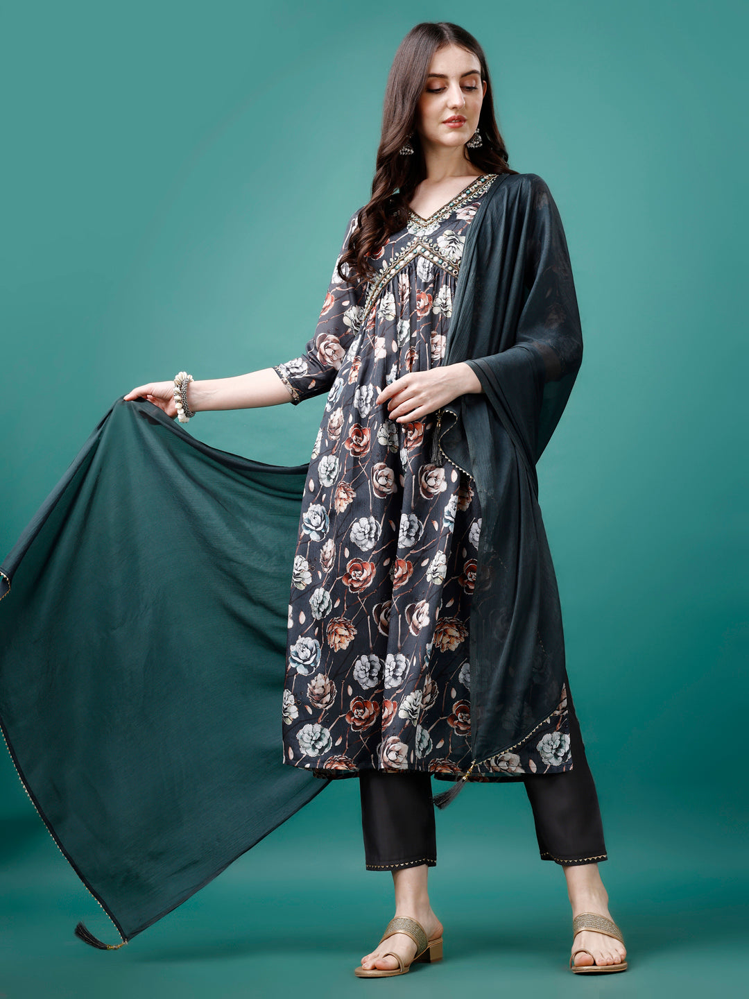 Alia Cut Hand Embroidered Floral Printed Pure Chinon Kurta With Pant & Dupatta, Multicolor - Hiral Fashion