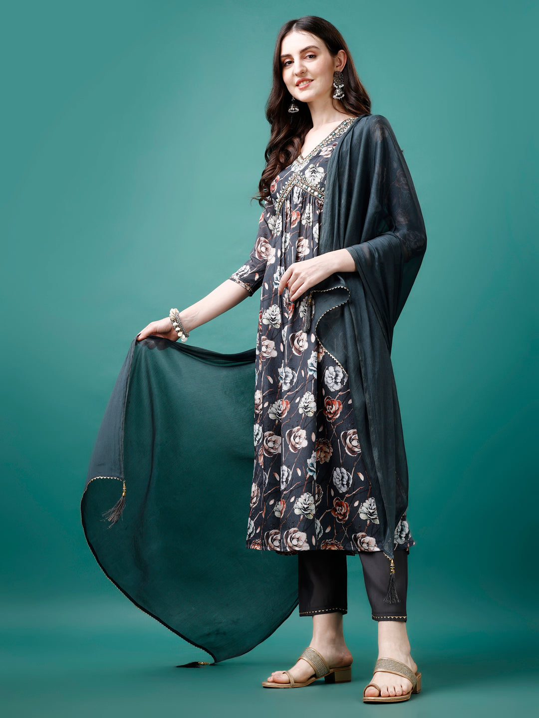 Alia Cut Hand Embroidered Floral Printed Pure Chinon Kurta With Pant & Dupatta, Multicolor - Hiral Fashion