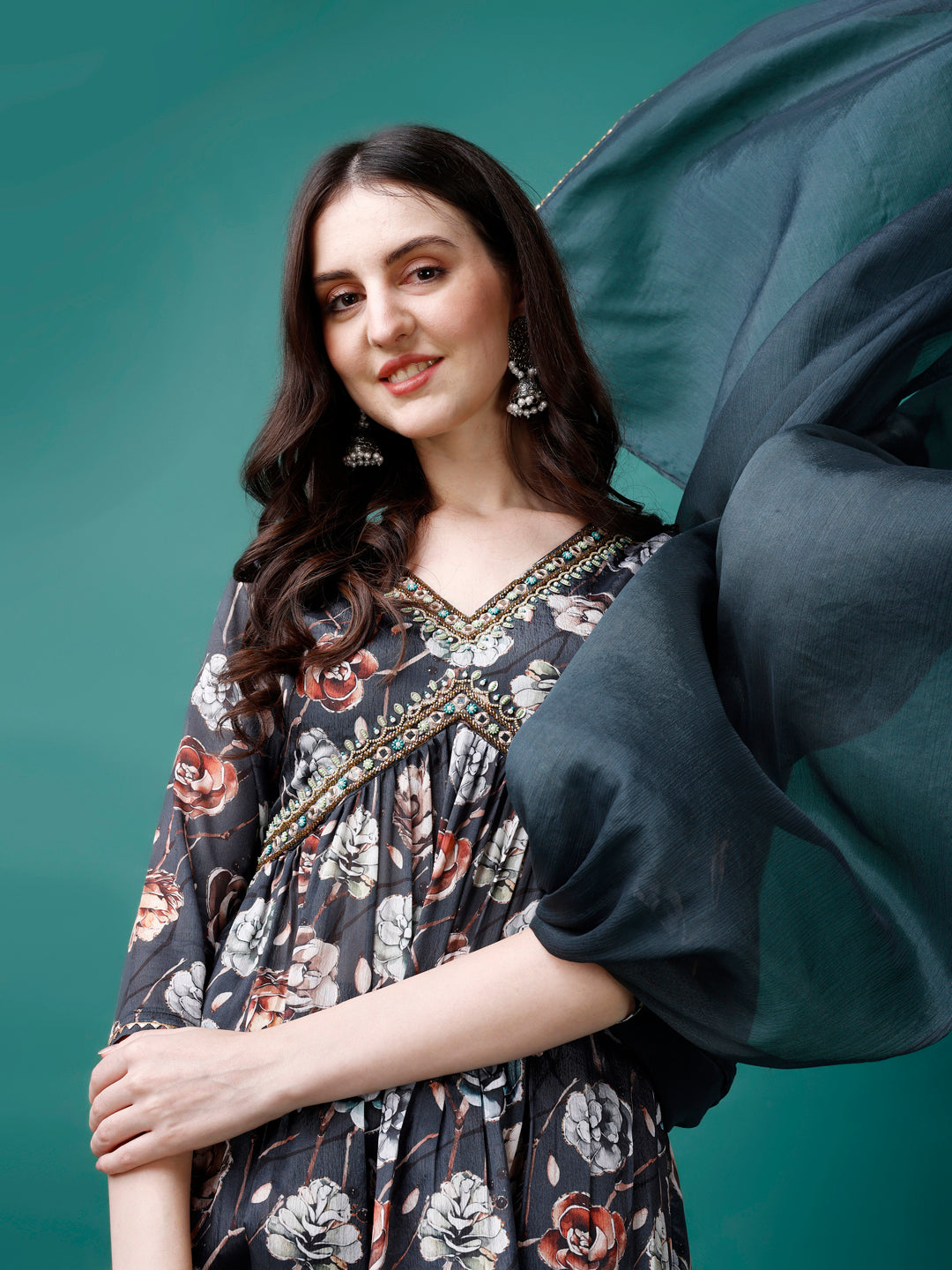 Alia Cut Hand Embroidered Floral Printed Pure Chinon Kurta With Pant & Dupatta, Multicolor - Hiral Fashion