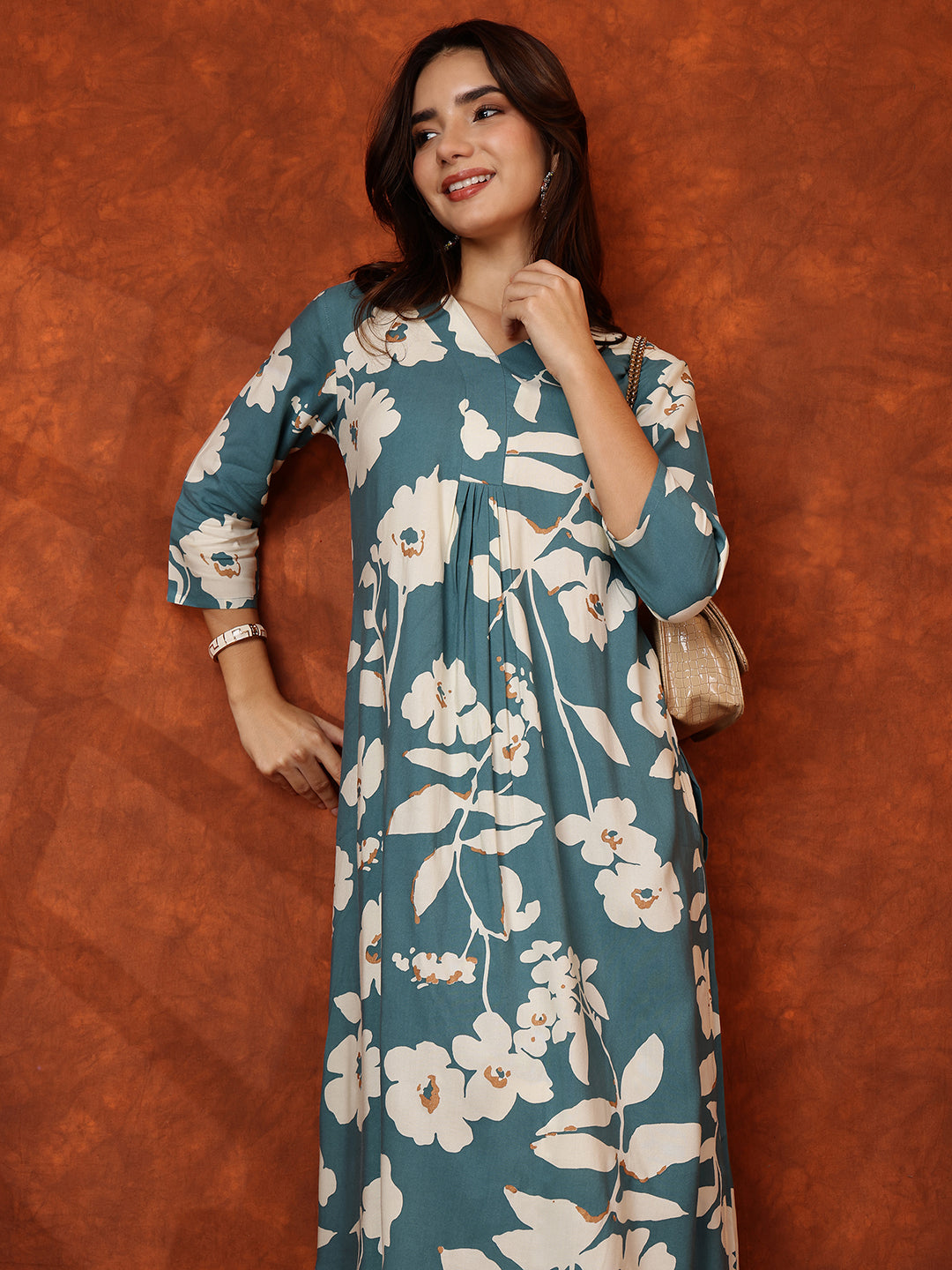 Botanical Printed Kurta With Palazzo Pant, Turquoise - Hiral Fashion