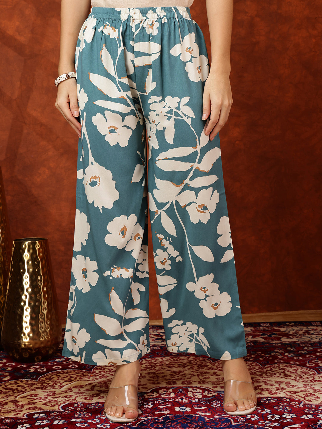 Botanical Printed Kurta With Palazzo Pant, Turquoise - Hiral Fashion