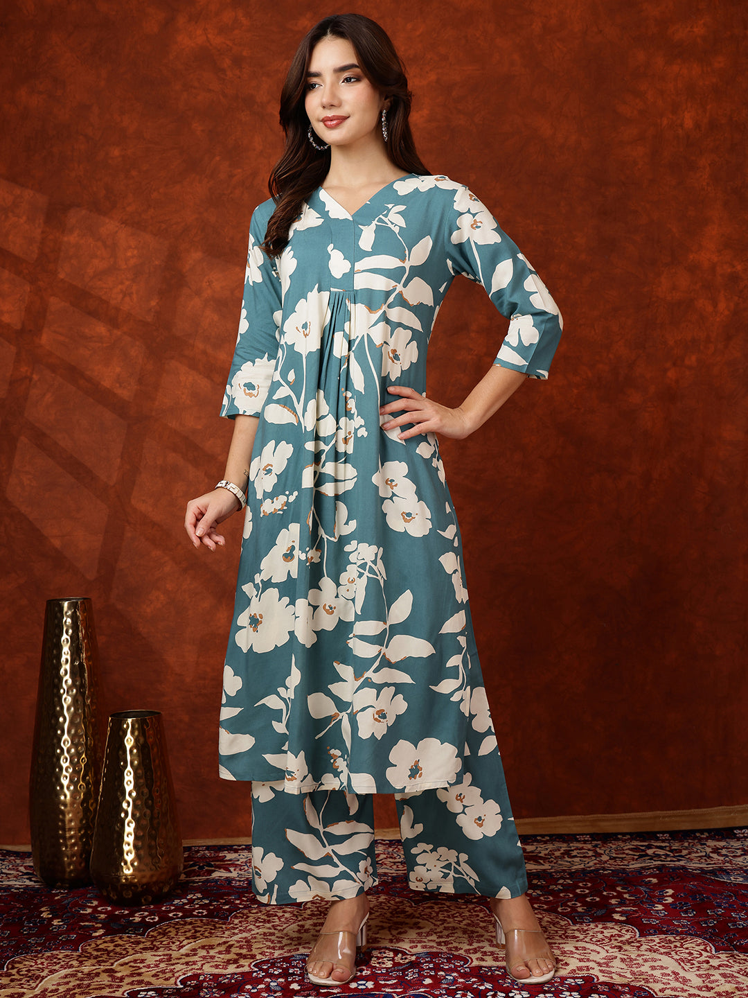 Botanical Printed Kurta With Palazzo Pant, Turquoise - Hiral Fashion