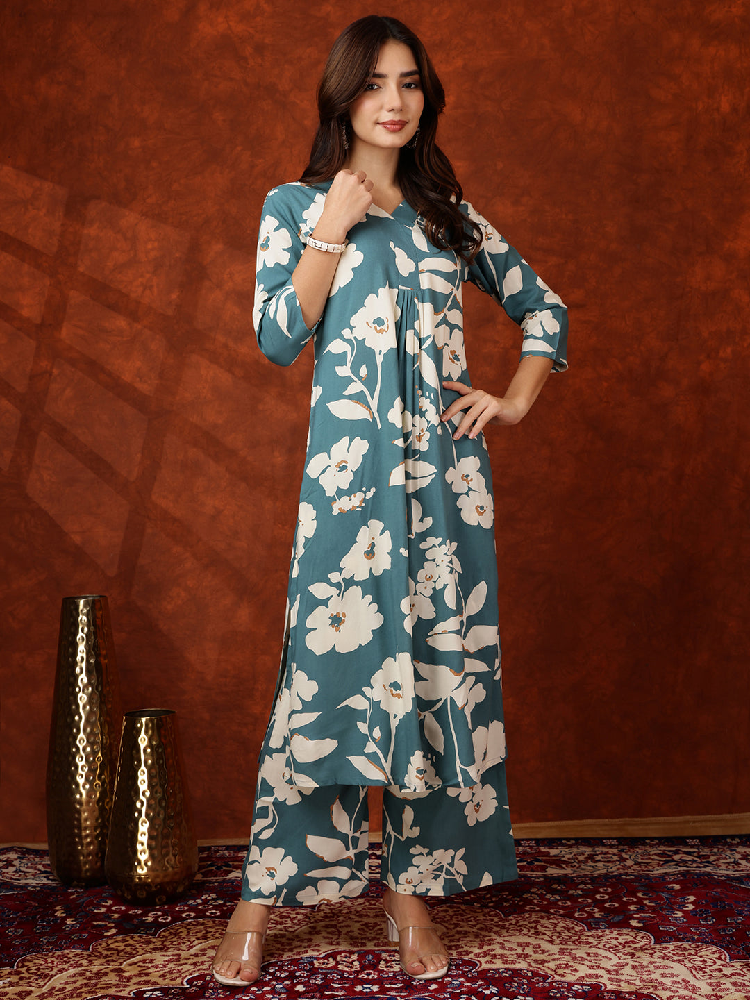 Botanical Printed Kurta With Palazzo Pant, Turquoise - Hiral Fashion
