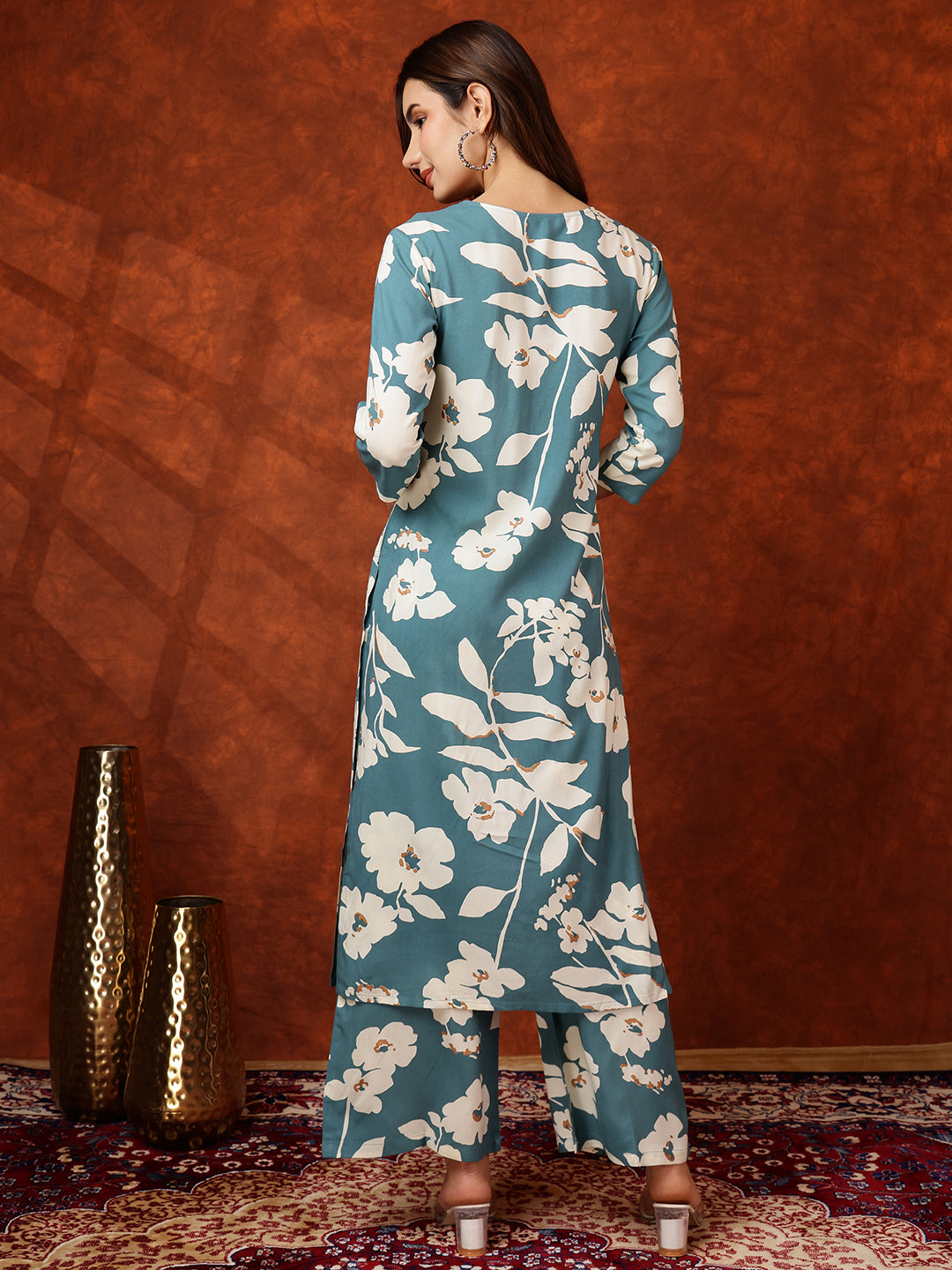Botanical Printed Kurta With Palazzo Pant, Turquoise - Hiral Fashion