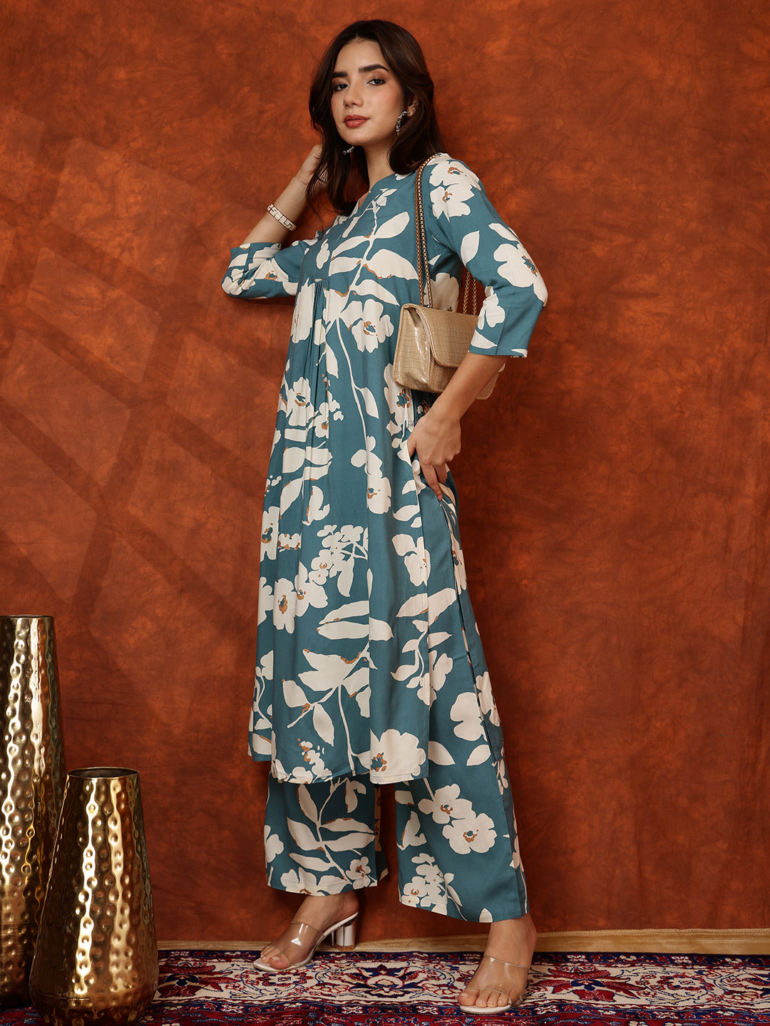 Botanical Printed Kurta With Palazzo Pant, Turquoise - Hiral Fashion