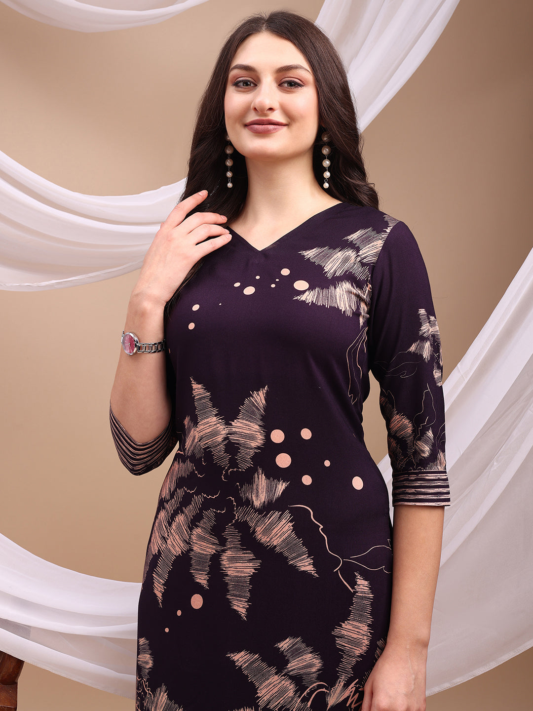 All-Over Abstract Floral Kurta-Palazzo Set, Violet - Hiral Fashion