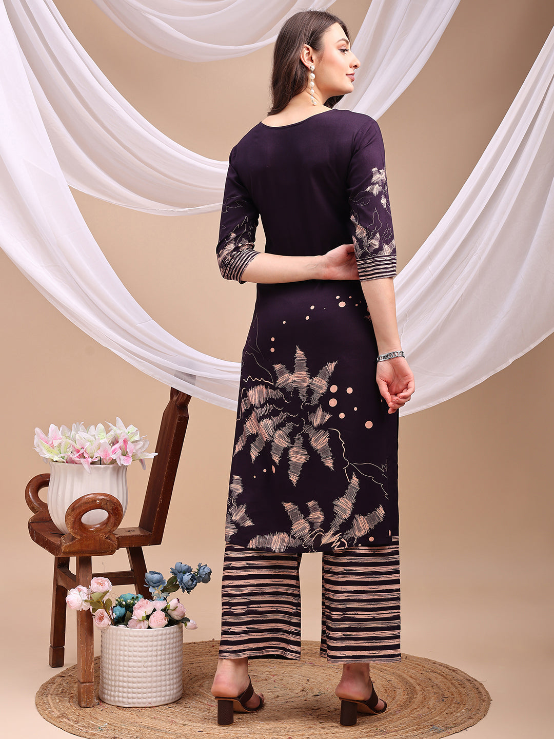 All-Over Abstract Floral Kurta-Palazzo Set, Violet - Hiral Fashion