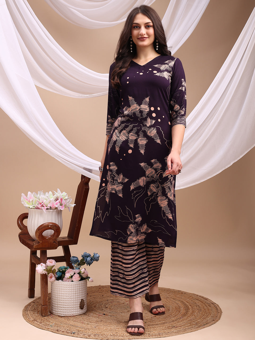 All-Over Abstract Floral Kurta-Palazzo Set, Violet - Hiral Fashion
