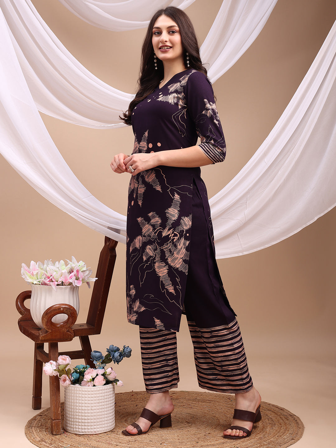 All-Over Abstract Floral Kurta-Palazzo Set, Violet - Hiral Fashion