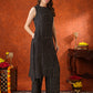 Black Geometric Striped Sleeveless A-Line Kurta With Matching Palazzo Pant, Black - Hiral Fashion